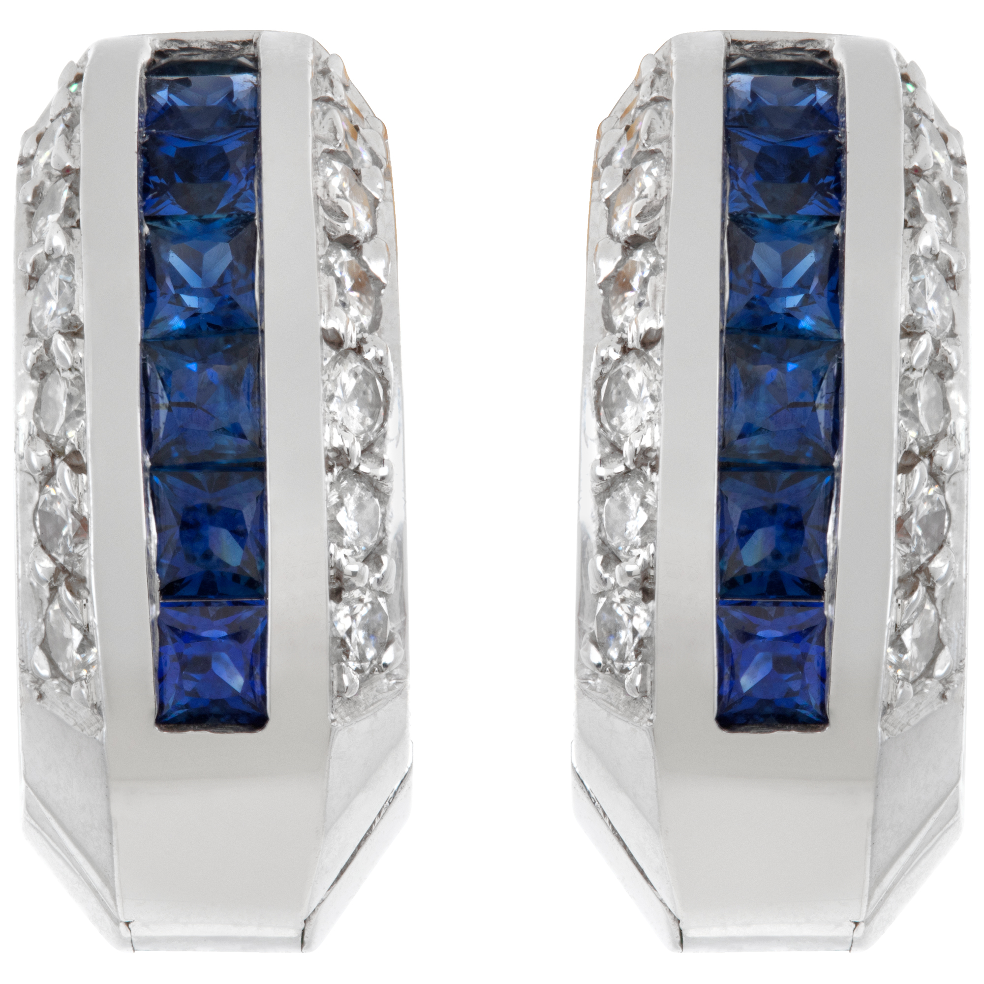 Diamond & sapphire huggie earrings in 18k white gold, approx. 0.30 cts in square cut sapphires & 0.30 carats in diamonds (Stones)
