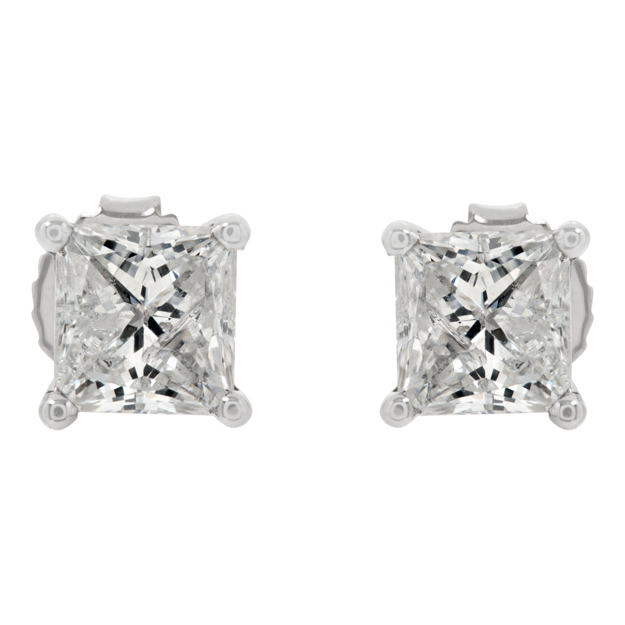Princess cut diamond studs in 14k white gold with 2.54 cts in H-I Color, I2 Clarity Diamonds (Stones)
