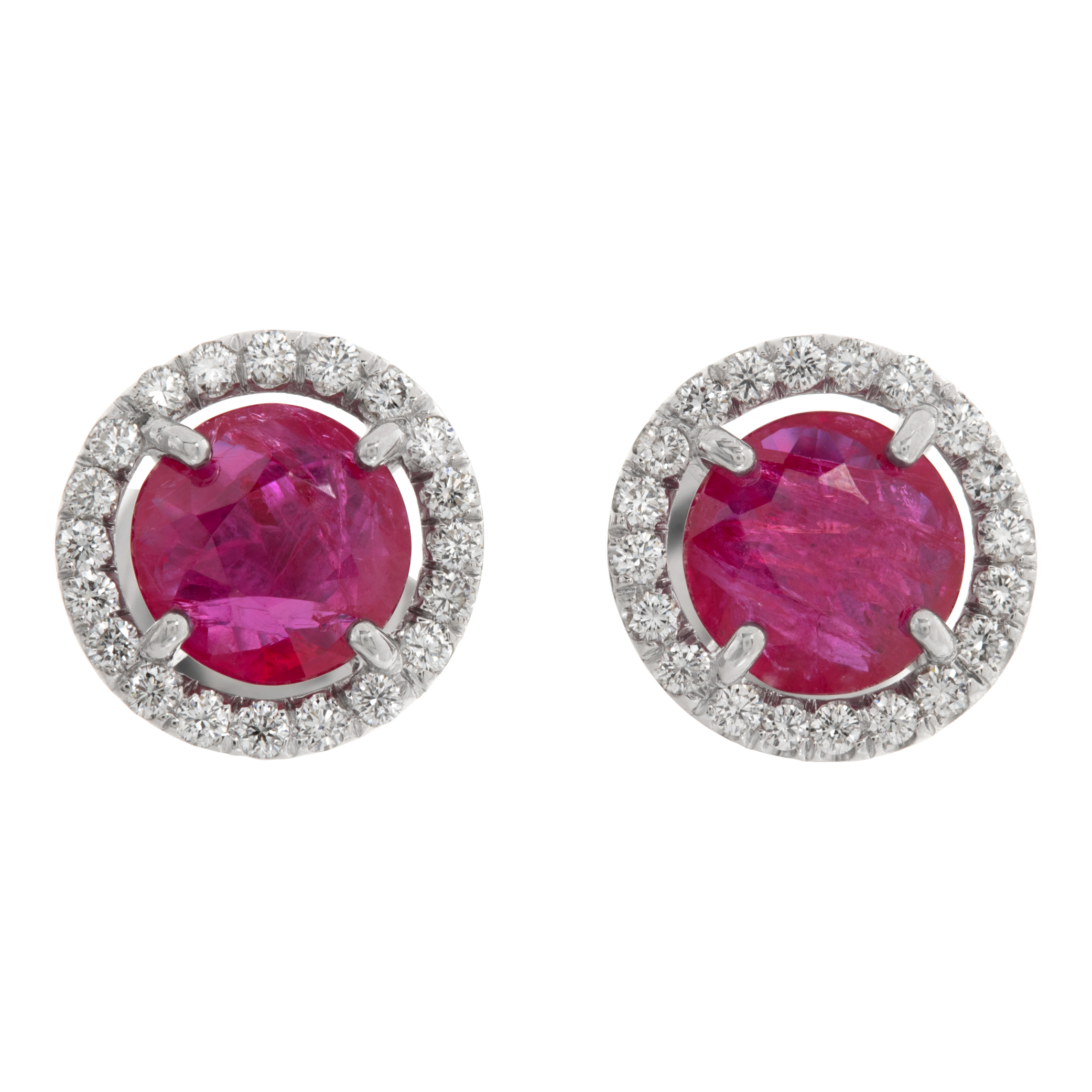 Round Brilliant cut rubies studs, in 18K white gold diamonds Halo setting.Approx 2.82 carats rubies.