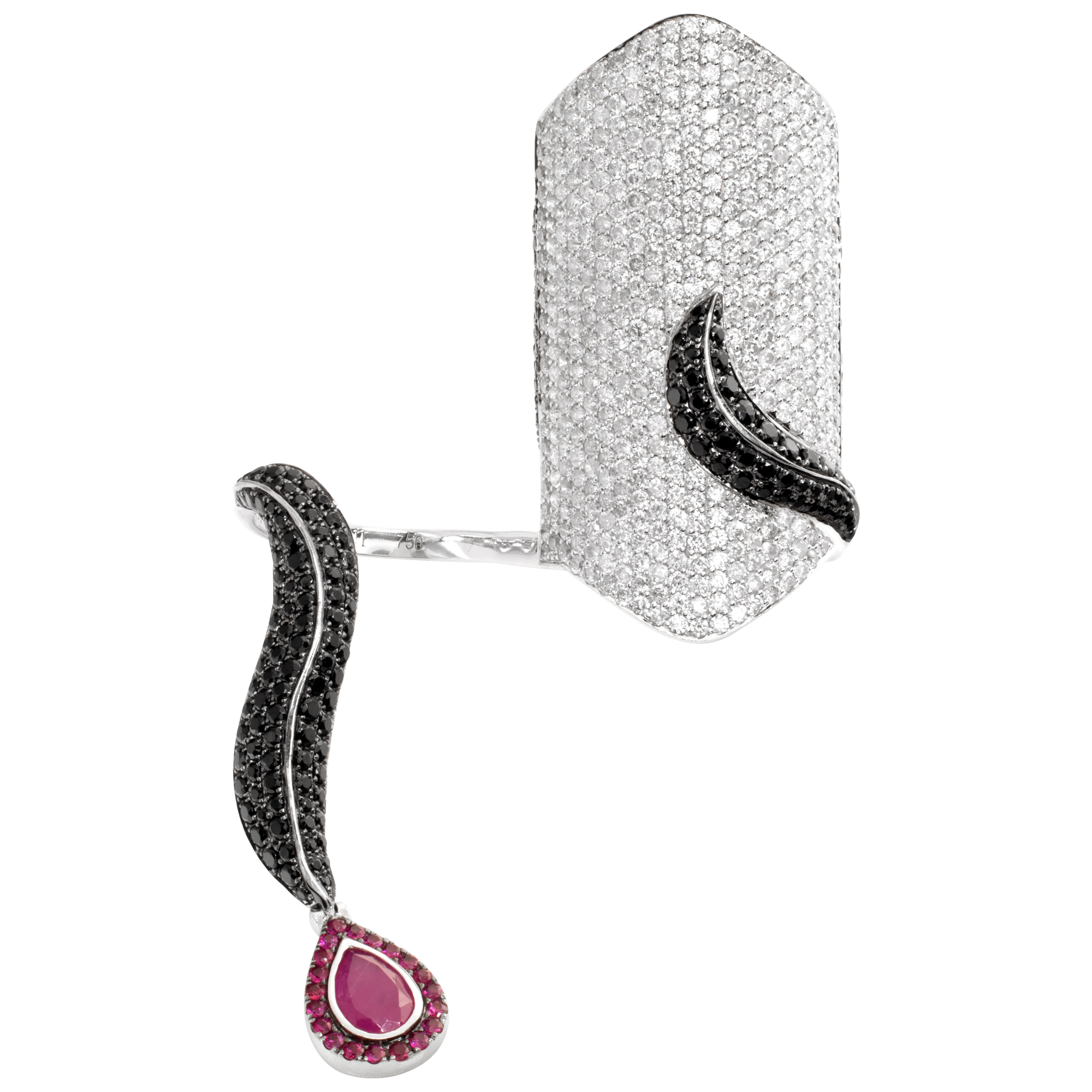 Dionea Orcini Double White & Black Diamonds Rings With Red Garnet In 18k White Gold.