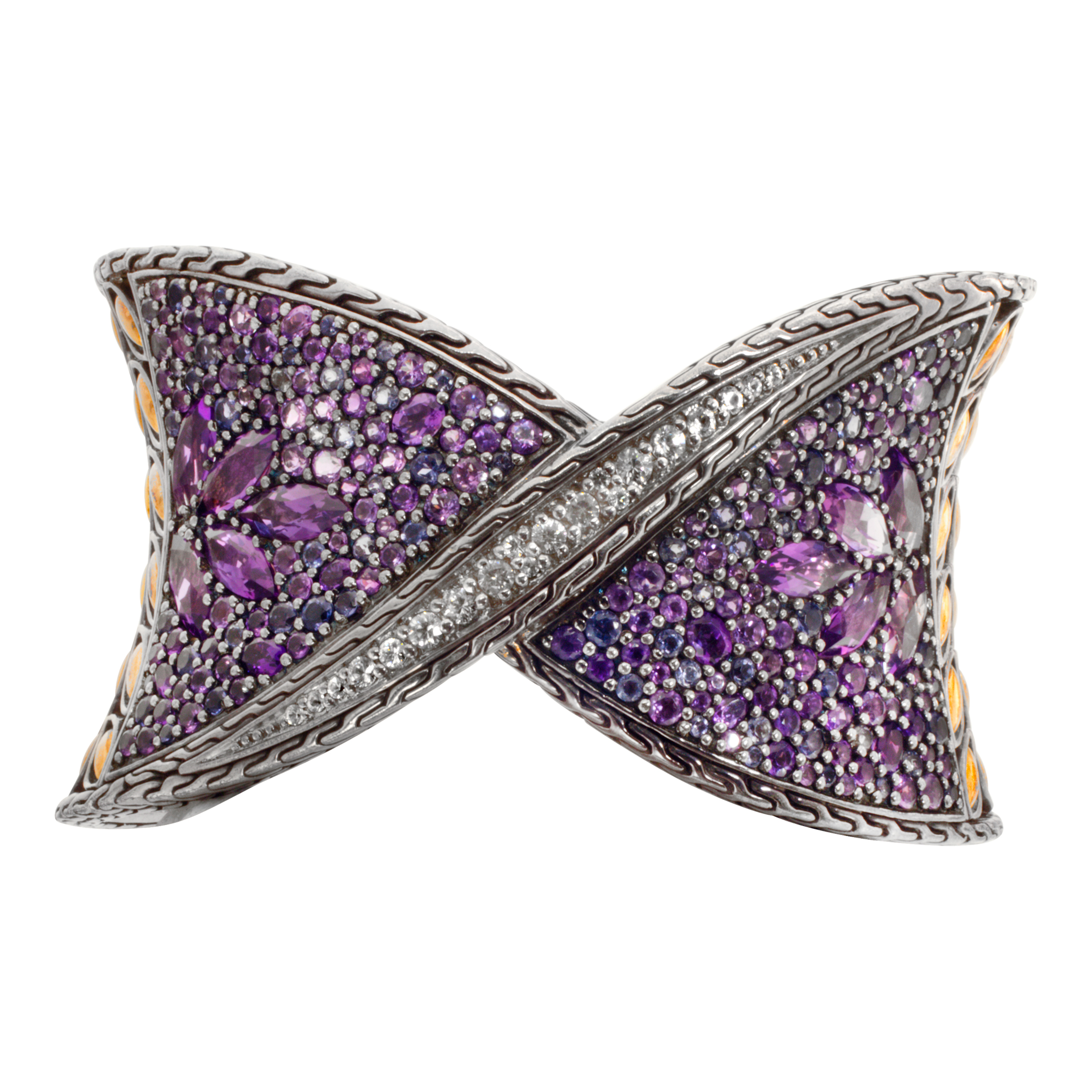 John Hardy BATU KAWUNG collection, Wide cuff bracelet in 18K & Sterling Silver with Amethyst, white and blue Sapphires. (Stones)