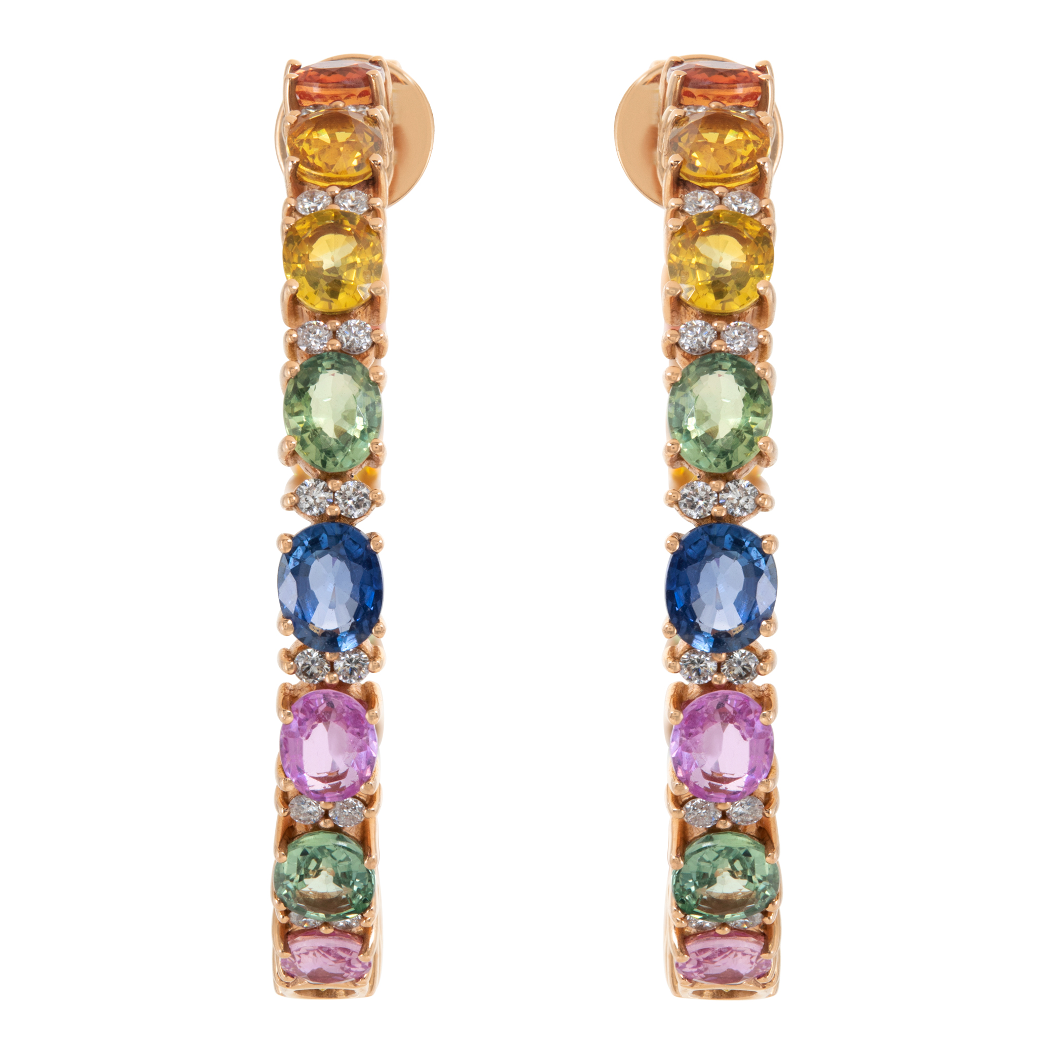 Rainbow of Blue, Pink, Green, Yellow Sapphires & Diamonds Inside Out Hoops Earrings In 18k Rose Gold