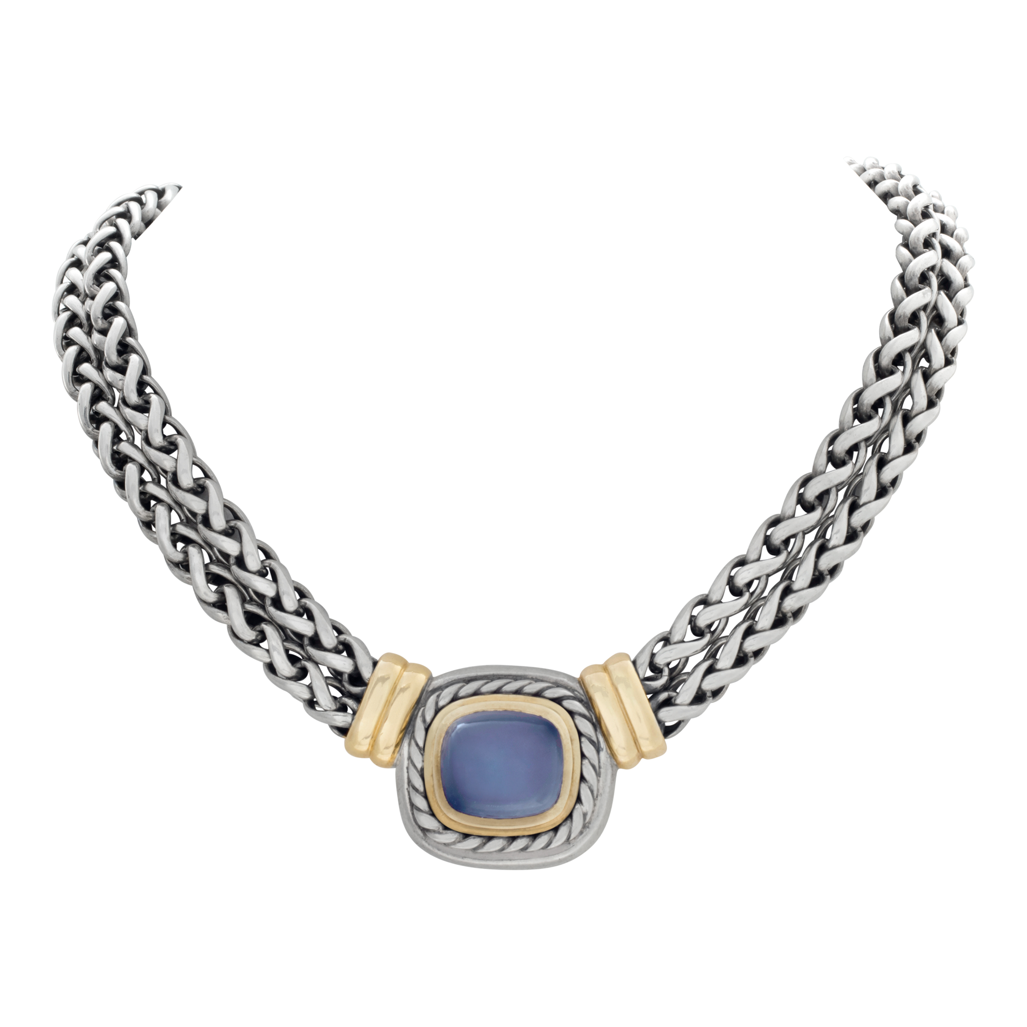David Yurman14k & Sterling Silver, Double Stranded Necklace With Cabochon Calcedony Center Motif.