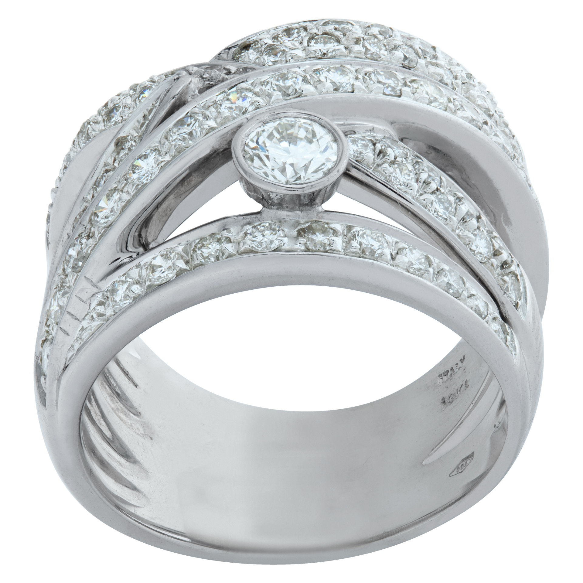 Wide criss-cross diamond ring in 18k white gold with approx 1.75 carats in round brilliant cut diamonds