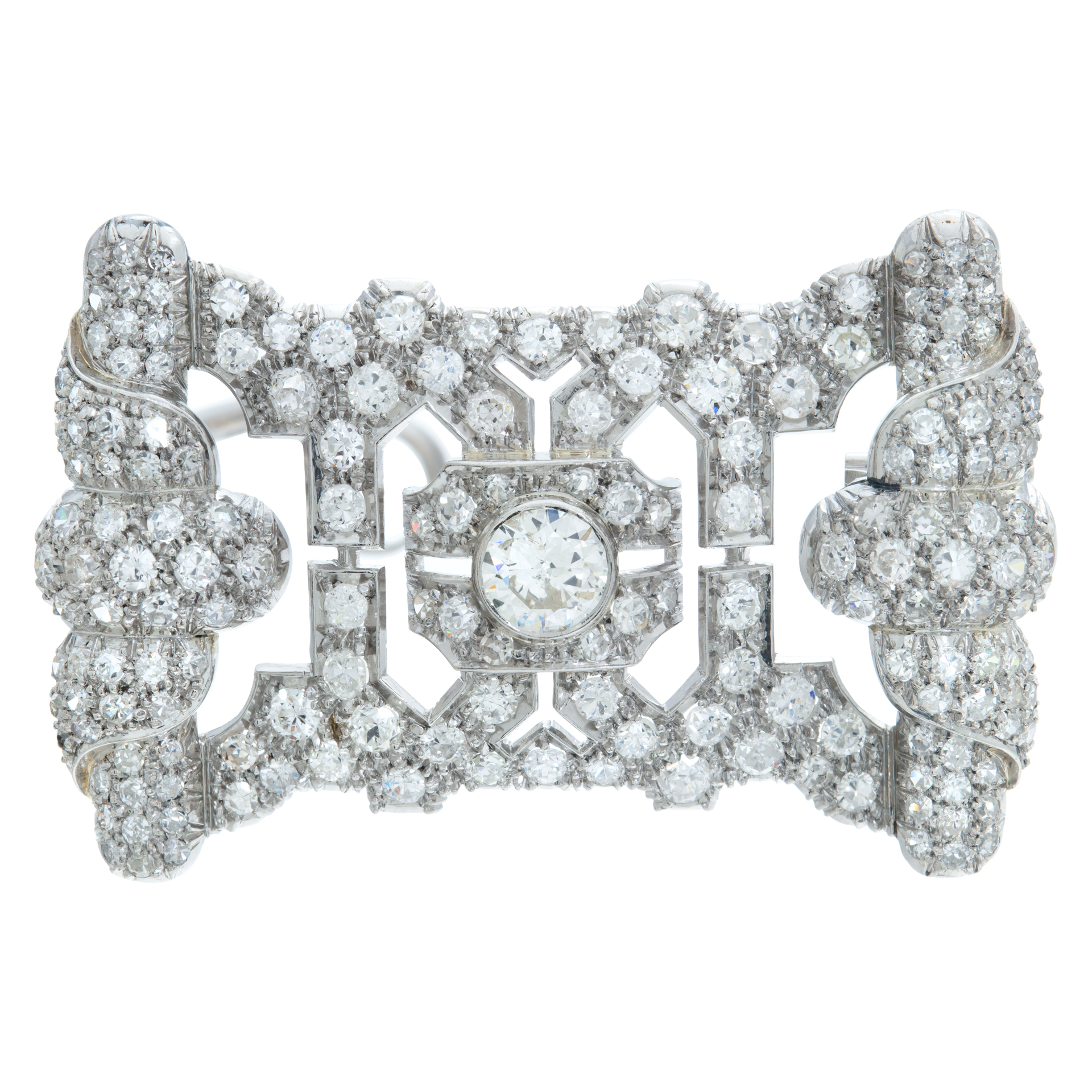 Art Deco & European cut diamonds brooch/pendant in platinum. Total diamonds approx. weight: 5.80 carats