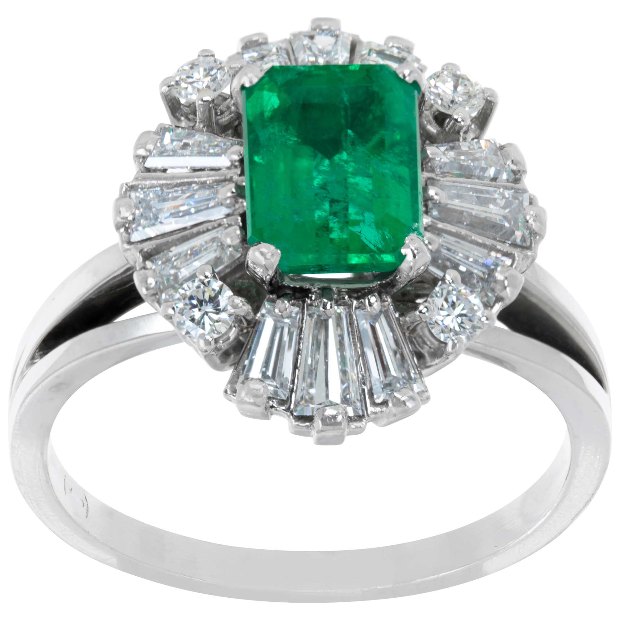 Emerald cut Emerald Ballerina ring with baguettes & round brilliant cut diamonds in 18k white gold
