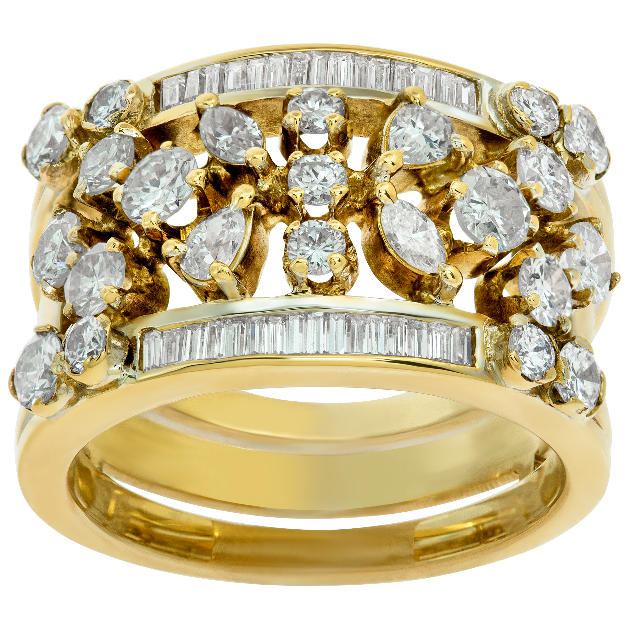 Marquise, pear, baguette and round brilliant cut diamonds ring in 18k yellow gold.