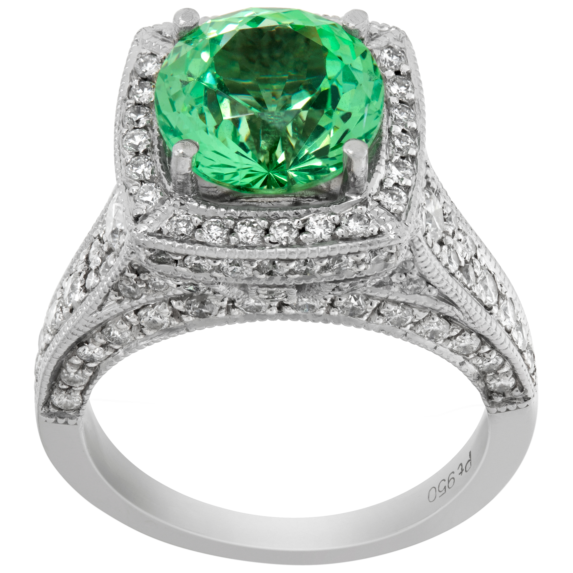 Green garnet ring in platinum with accent round brilliant cut diamonds