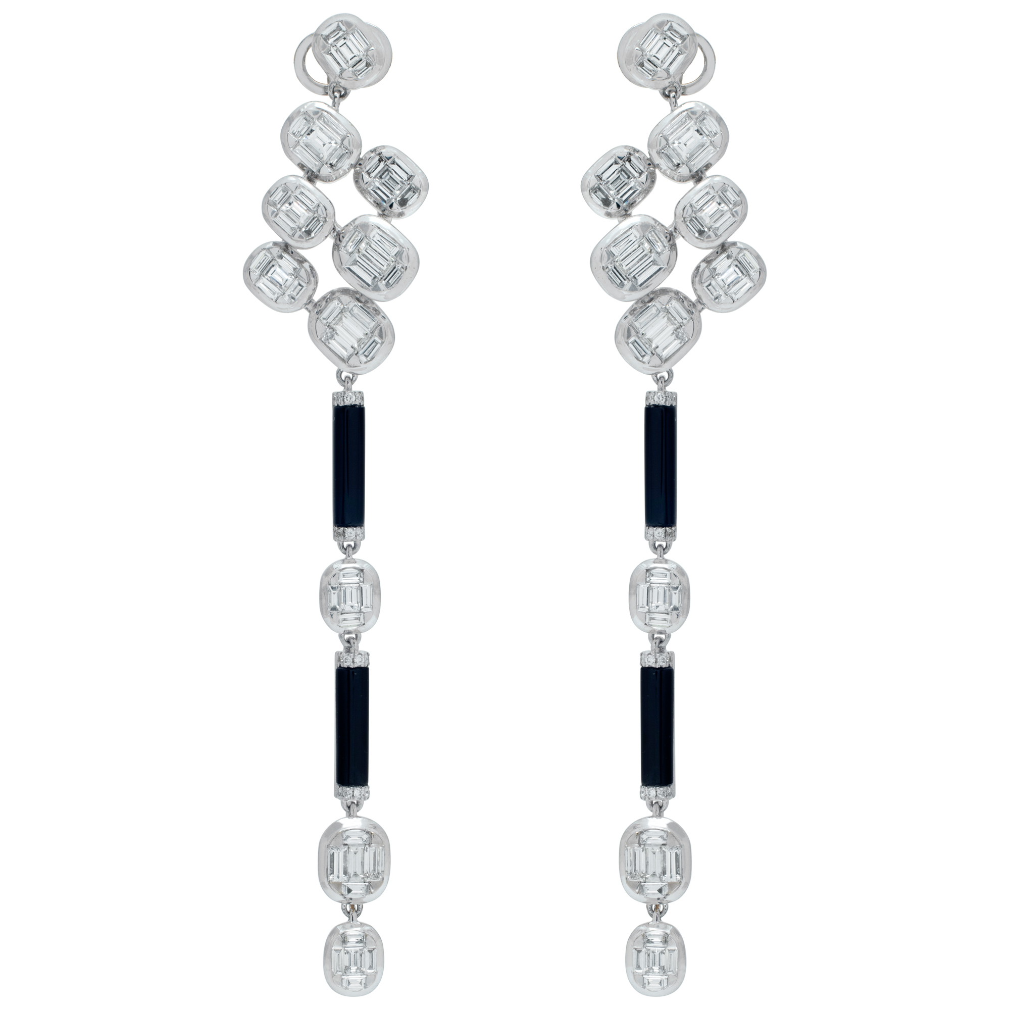 Baguettes, round brilliant diamonds and onyx hanging earrings in 18k white gold. Baguettes and round brilliant diamonds total approx. weight: 3.77 carats (Stones)