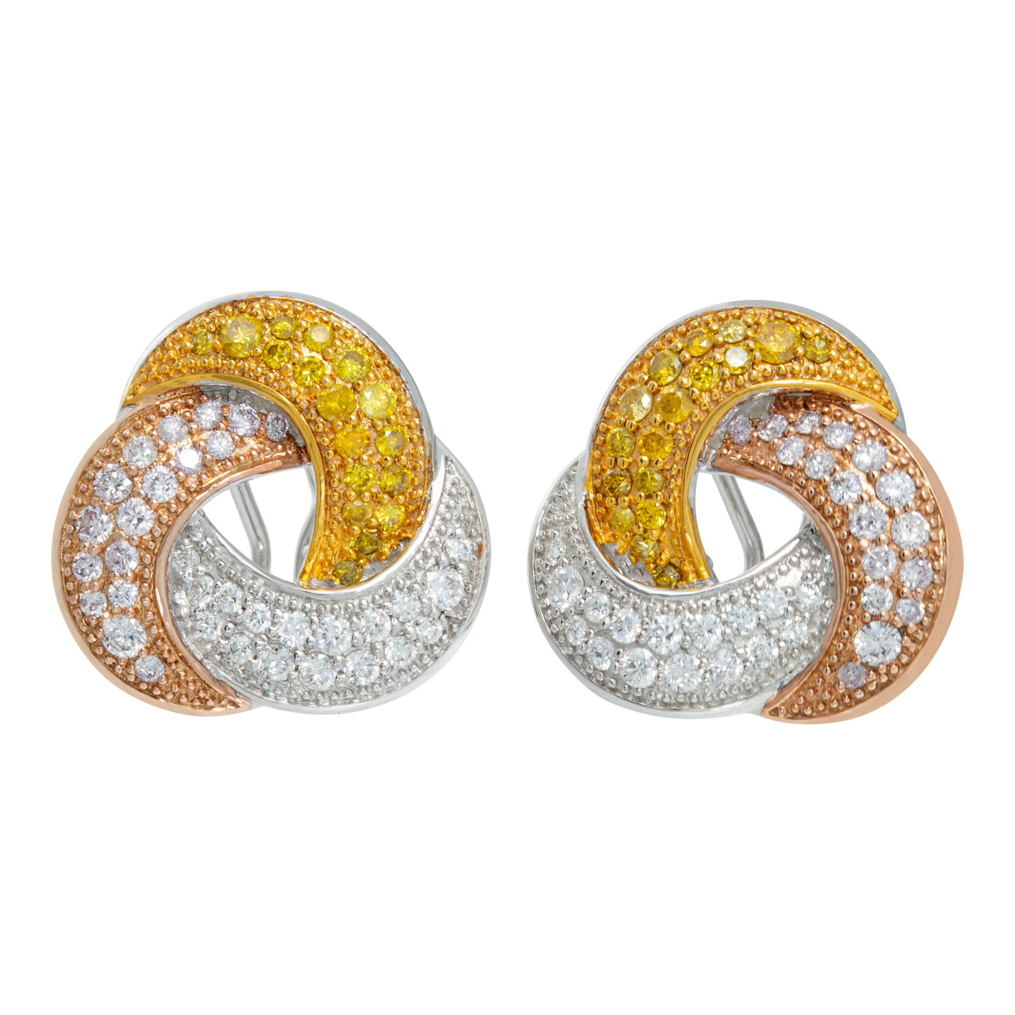 Yellow and white diamonds earrings set in 18K white, yellow and rose gold. Total round brilliant cut diamonds approx weight: 2.10 carats