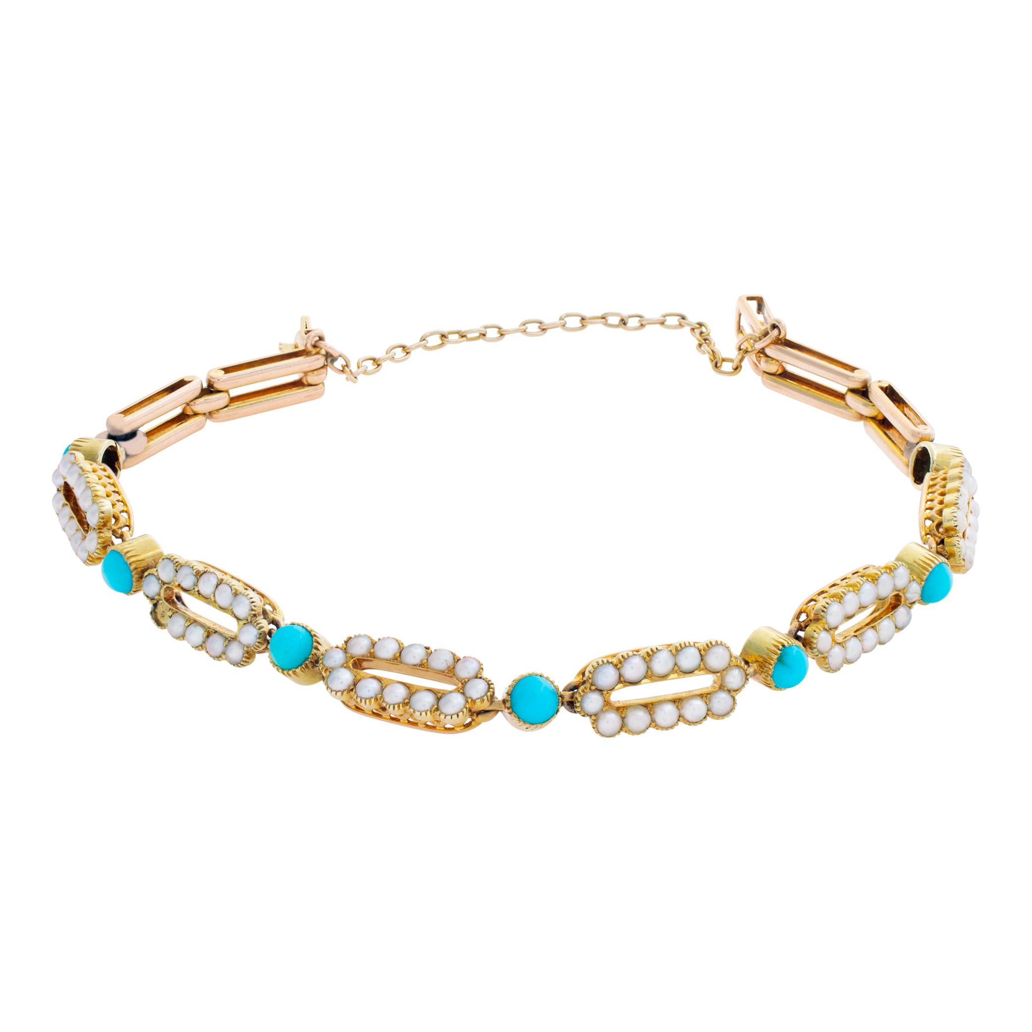 English Victorian era, circa 1880, antique oval and rectangular link bracelet with cabochon turquoise and seed pearls in 15 CT yellow gold