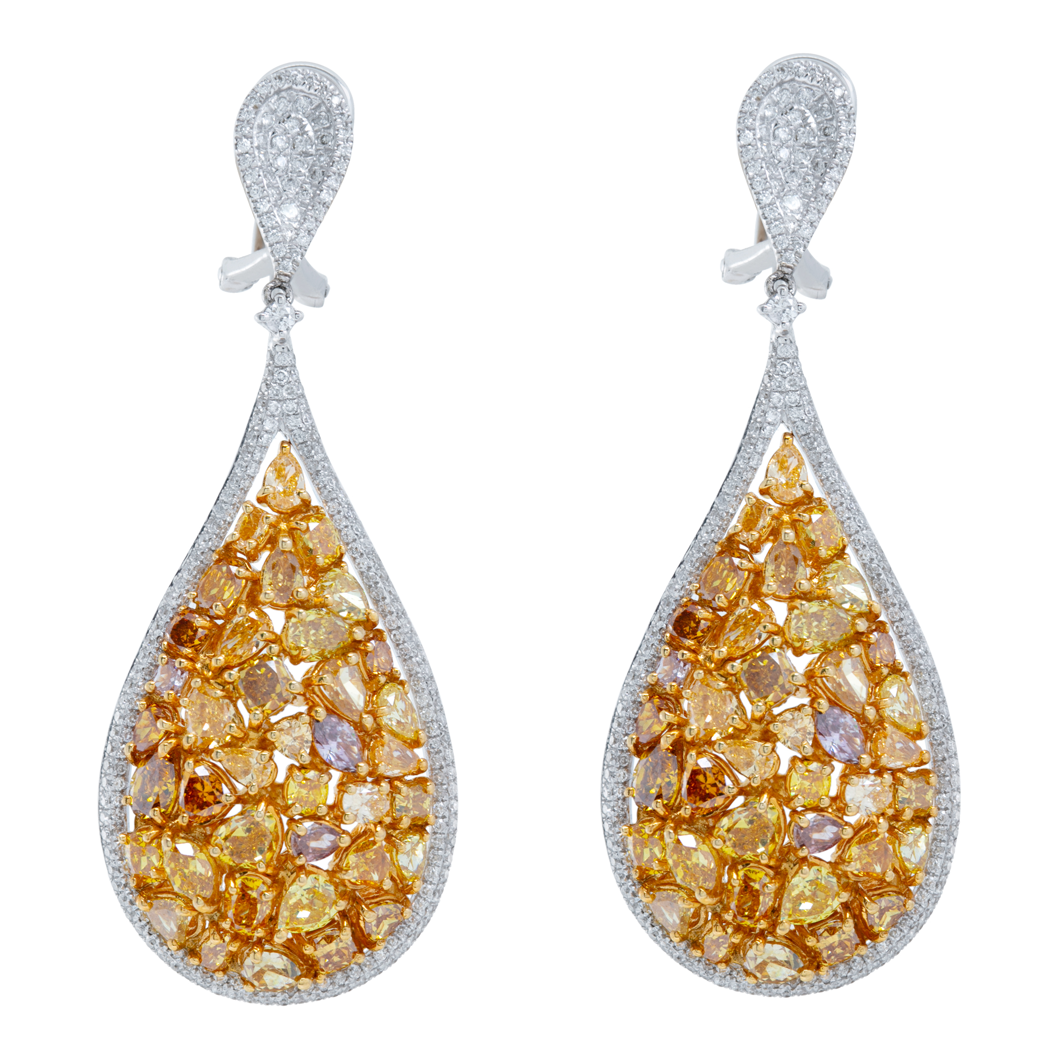 Brilliant oval, pear, cushion cut fancy yellow diamonds (10.45 carats) and round brilliant cut white diamonds hanging earrings in 18k white and yellow gold. (Stones)