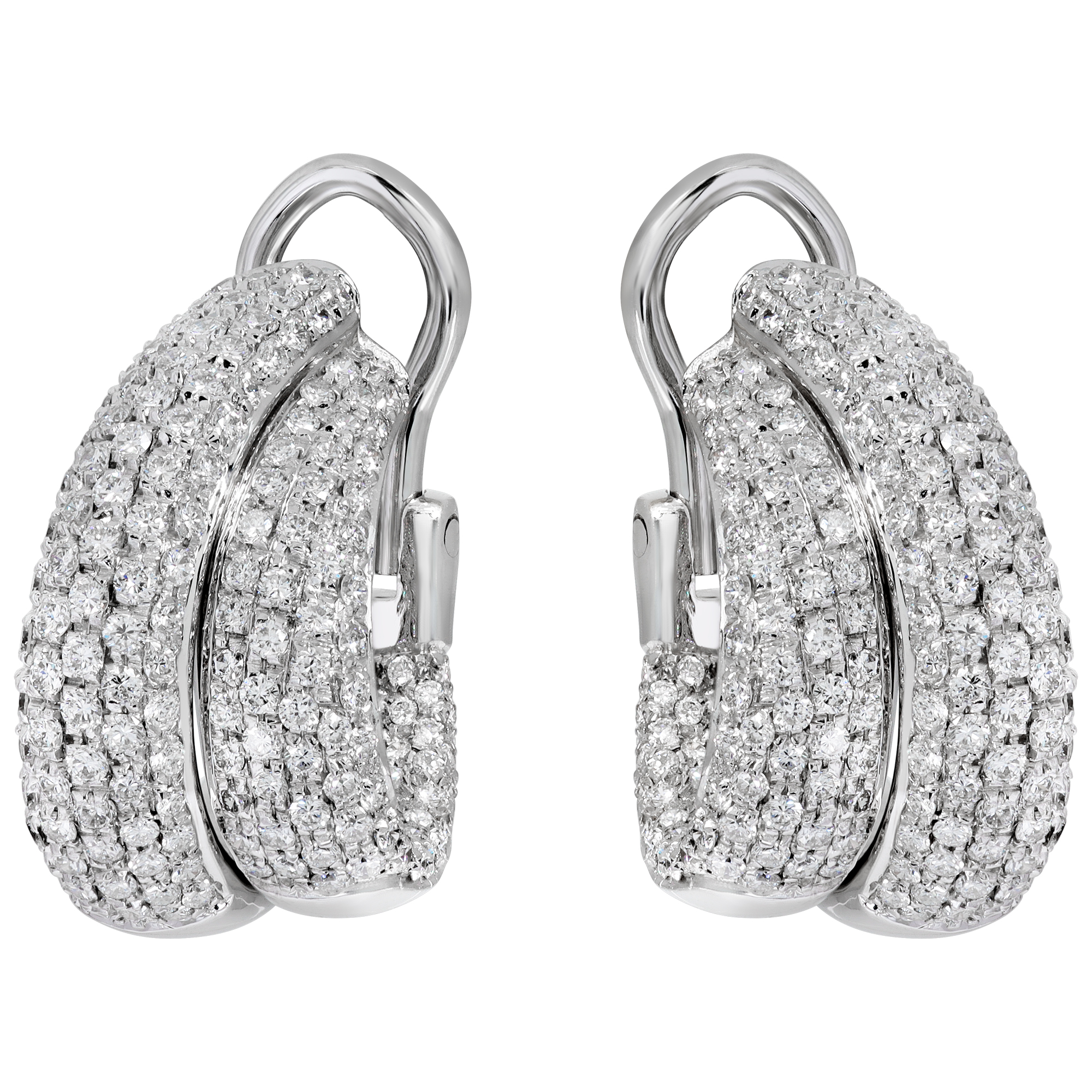 Double row of diamonds hoop earrings in 18K white gold. Round brilliant cut diamonds total approx. weight 6.50 carats,