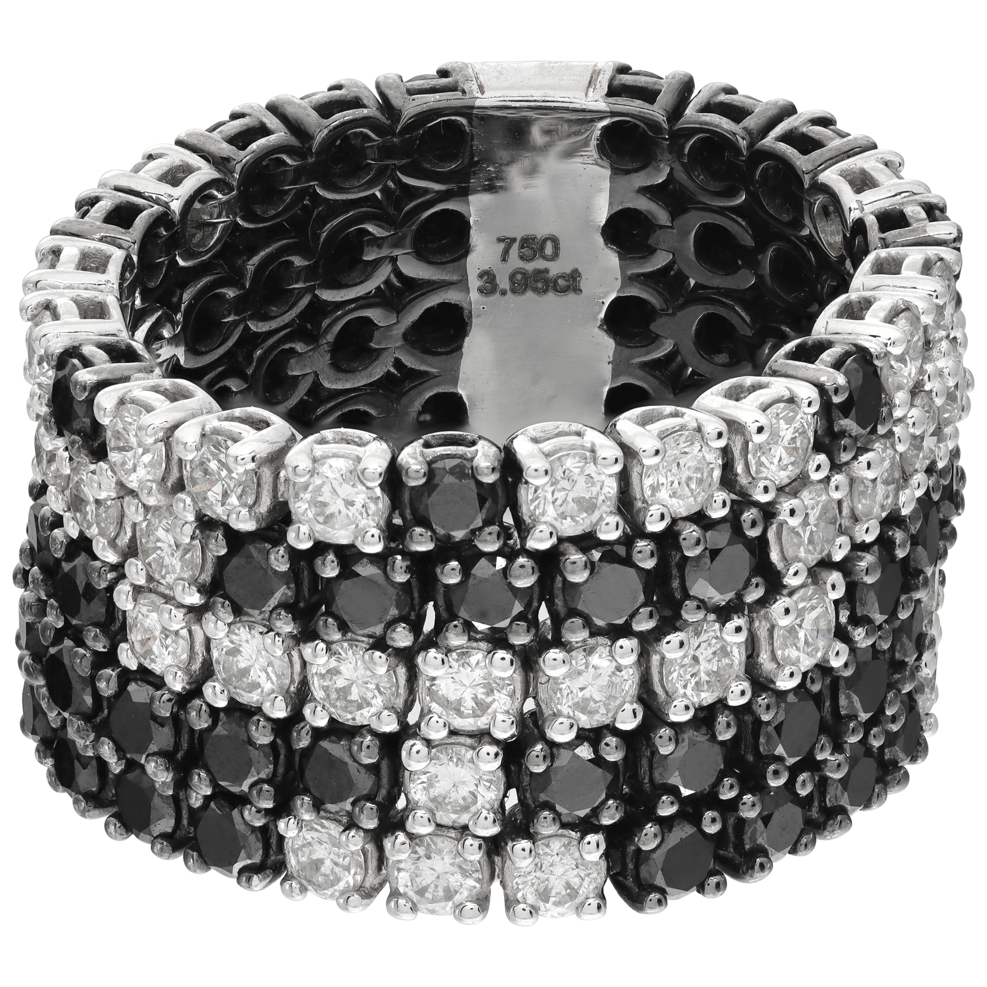 Black and white diamond wide ring in 18k white gold