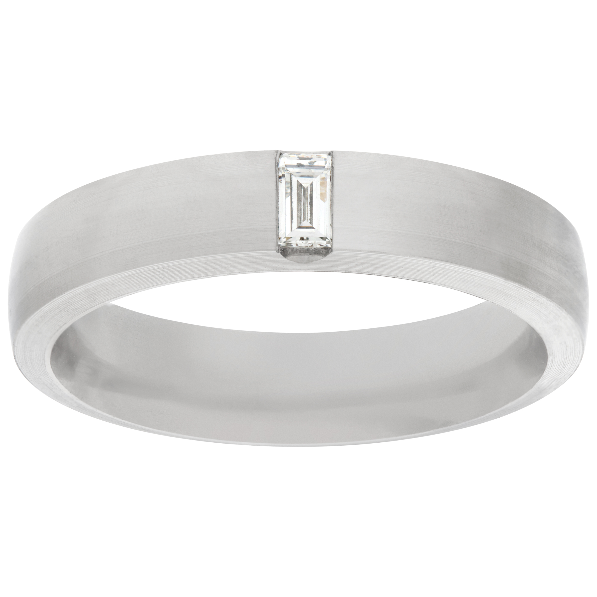 Tiffany & Co satin platinum ring with a single baguette diamond - 0.15 carat D-F Color, IF-VVS clarity. 5mm wide. Ring size 9.25 (Stones)
