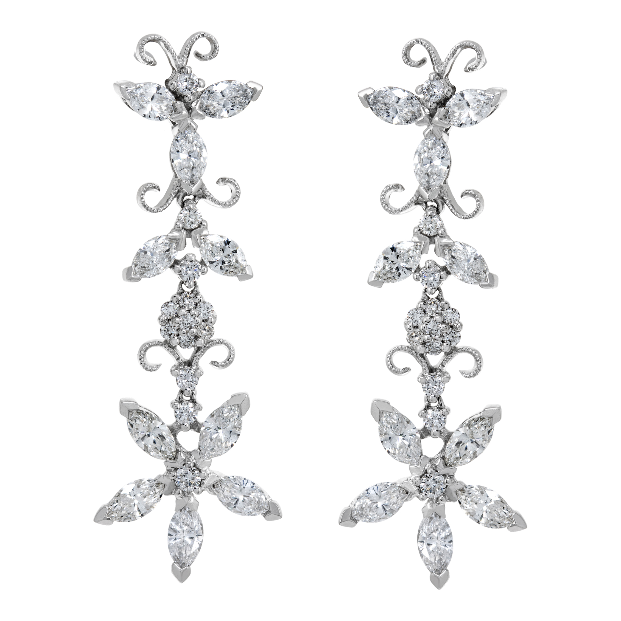 Flower design marquise & round diamond earrings in 14k white gold, 4.29 carats (Stones)