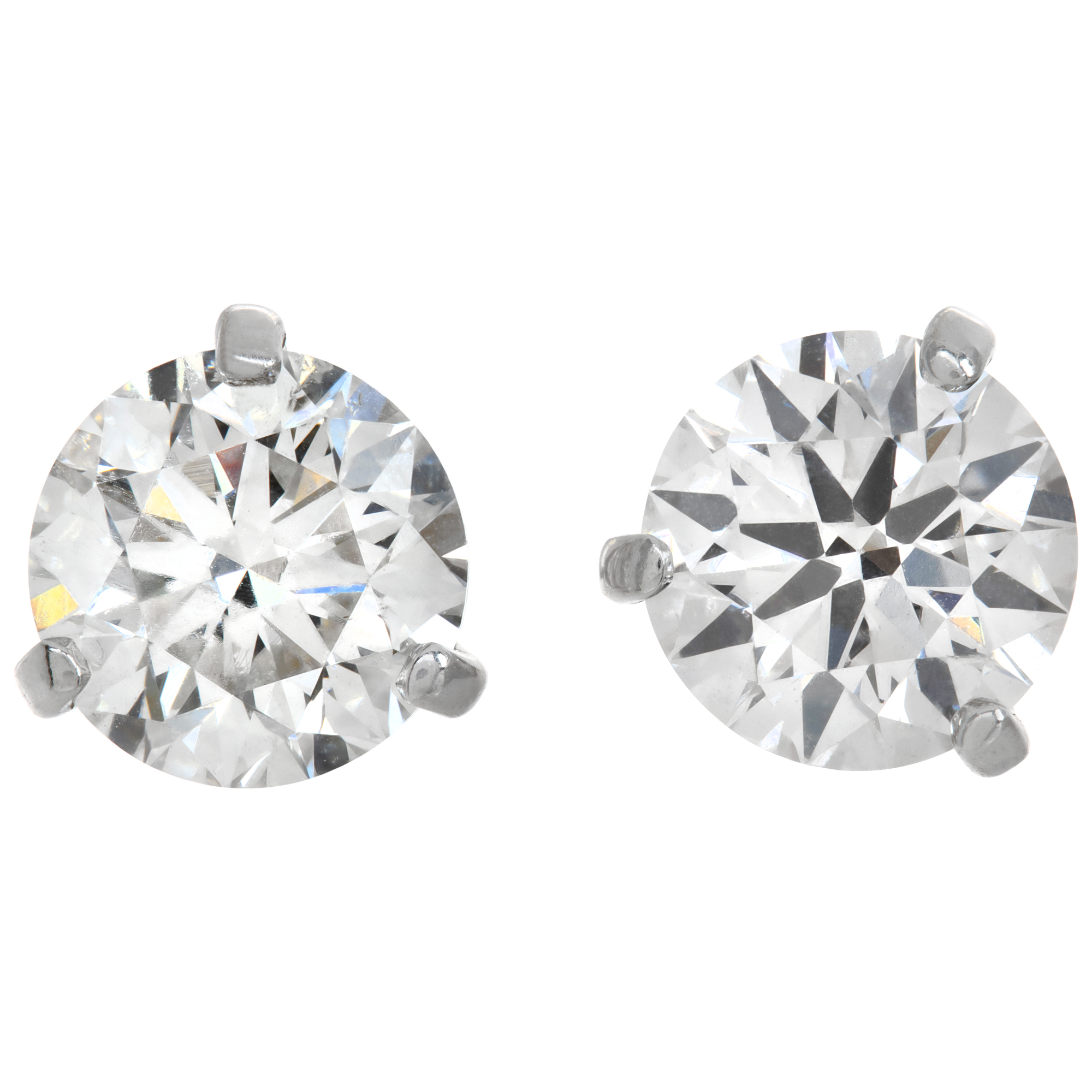 GIA certified round brilliant cut diamond studs 1.17 (I color, SI2 clarity) and 1.08 (I color, SI1)