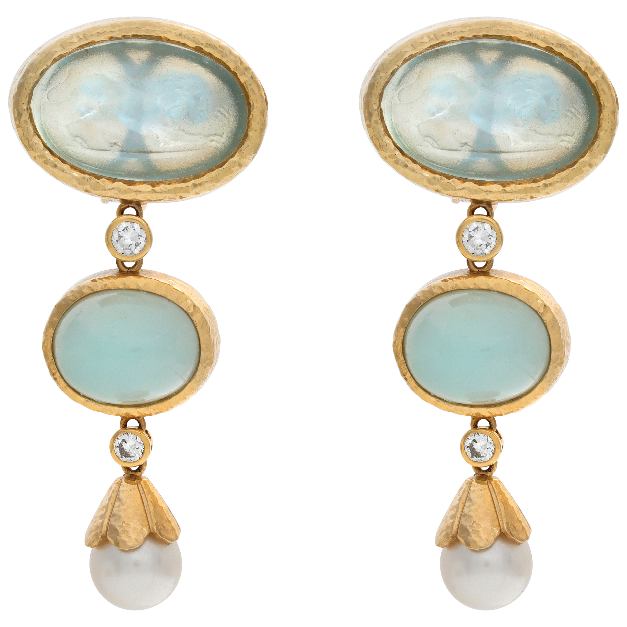 Drop earrings with seafoam chalcedony, pearls and diamonds in 14k