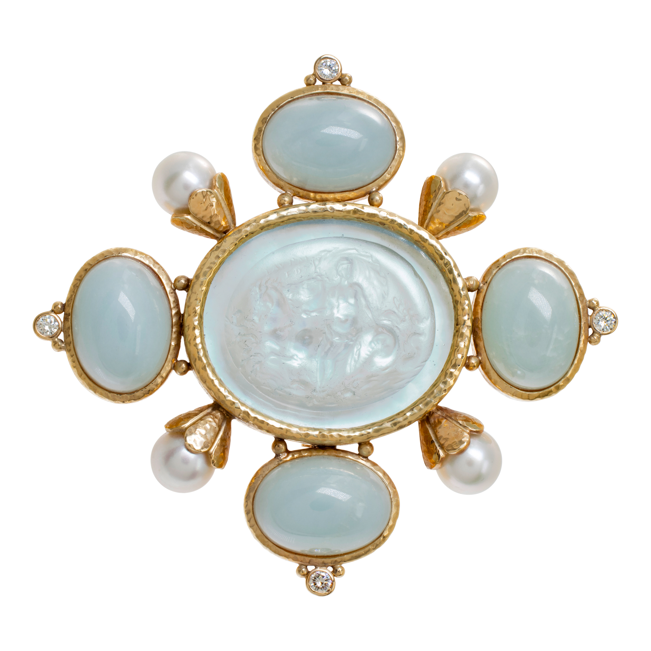 Seafoam chalcedony, pearls and diamonds brooch in 18k