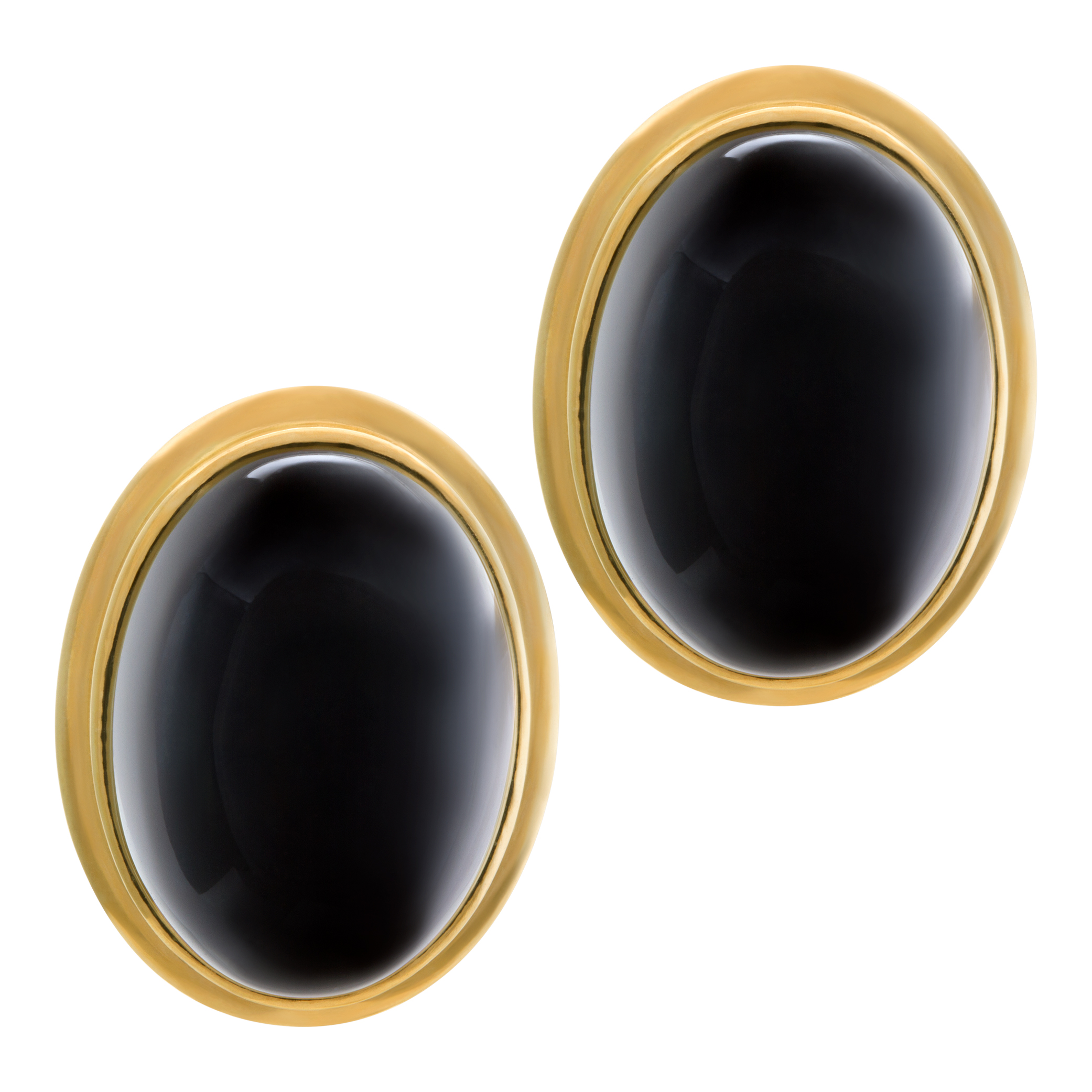 Large oval cabochon onyx earrings in 14k yellow gold. Omega clip with post.