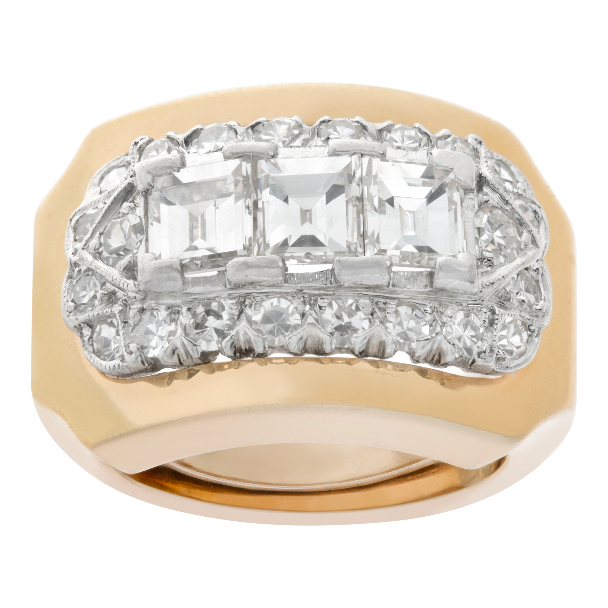 3 GIA Certified, Rectangular step cut diamonds (Total approx. weight: 1.30 carat), set in platinum & 14k yellow gold ring, surrounded by 22 briliant cut diamonds (total approx. weight: 1.00 carat)