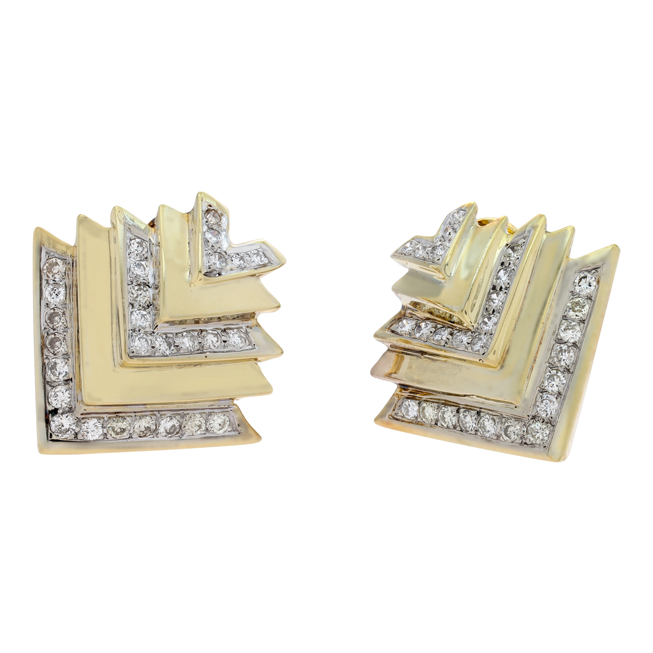 Modernist, Diamond earrings in 14k yellow gold. Round brilliant cut diamonds total approx. weight: 1.00 carat, (Stones)
