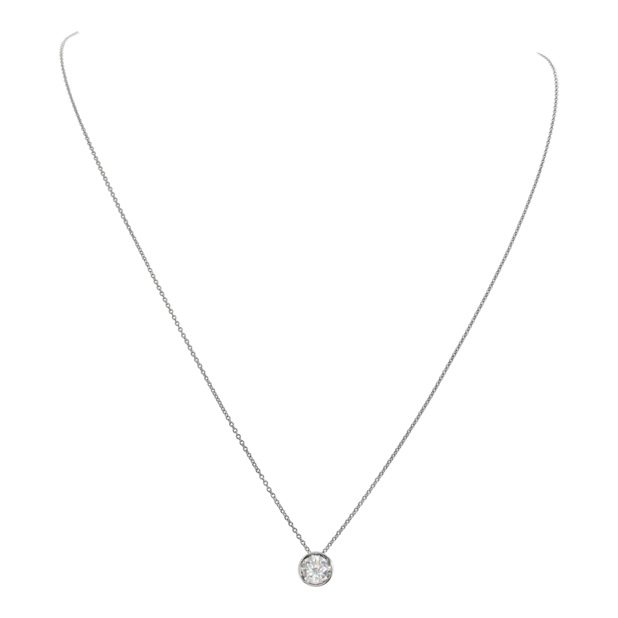 GIA certified 1.02 carat (J color, VS2 clarity) bezel set diamond pendant necklace in 18k white gold