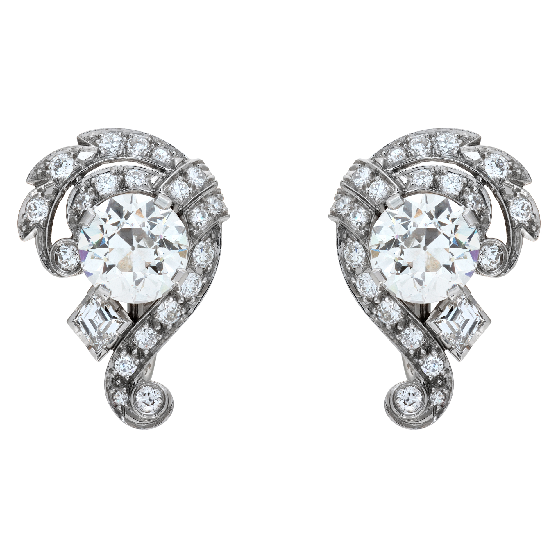 GIA certified Old European Brilliant cut diamonds earrings set in platinum with 14K white gold closing clasp. GIA certified old European brilliant center diamond 1.48 carat, J color, VS2 clarity and old European brilliant center diamond 1.48 carat J color