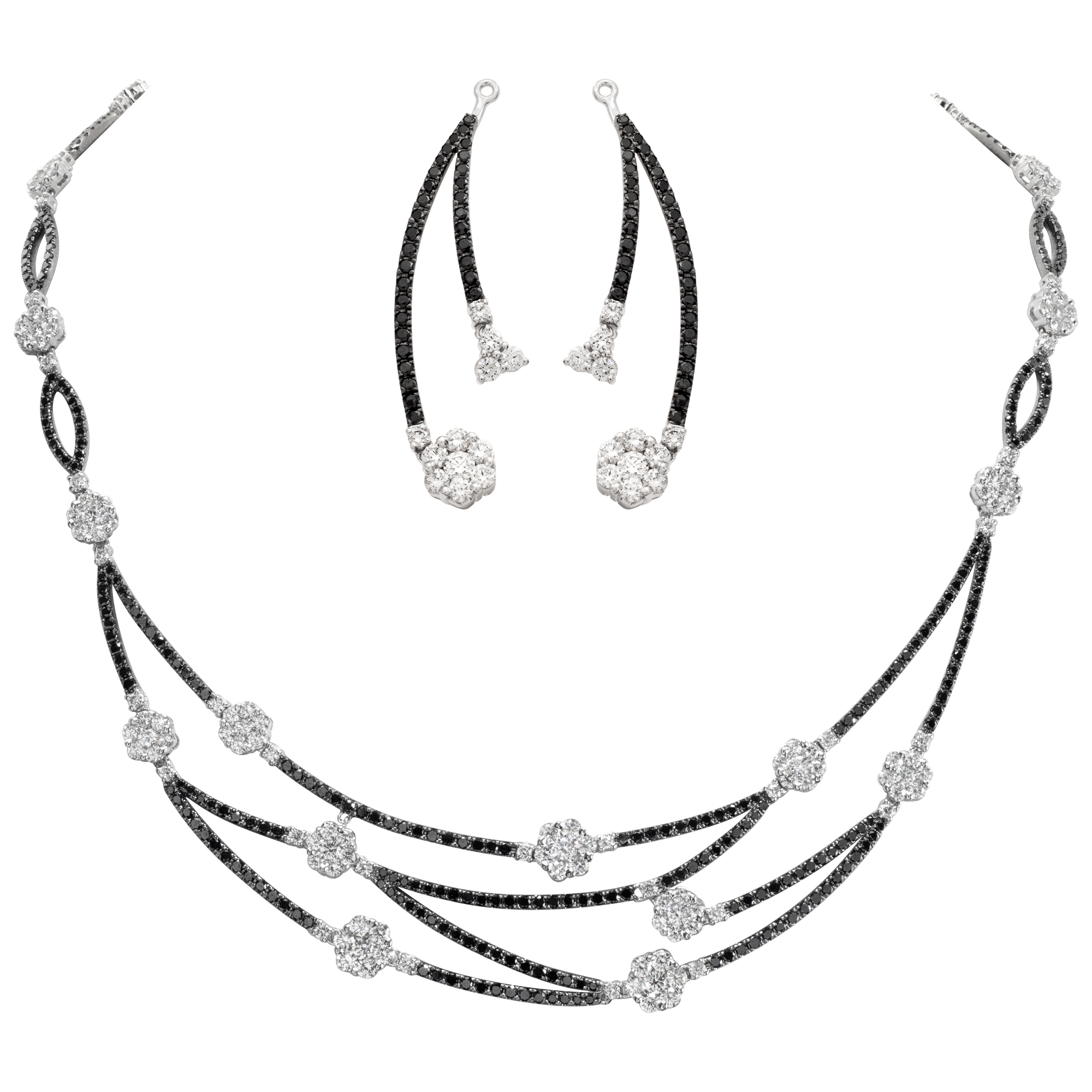 Diamond and Black Sapphire Necklace with matching earring jackets in 18k white gold