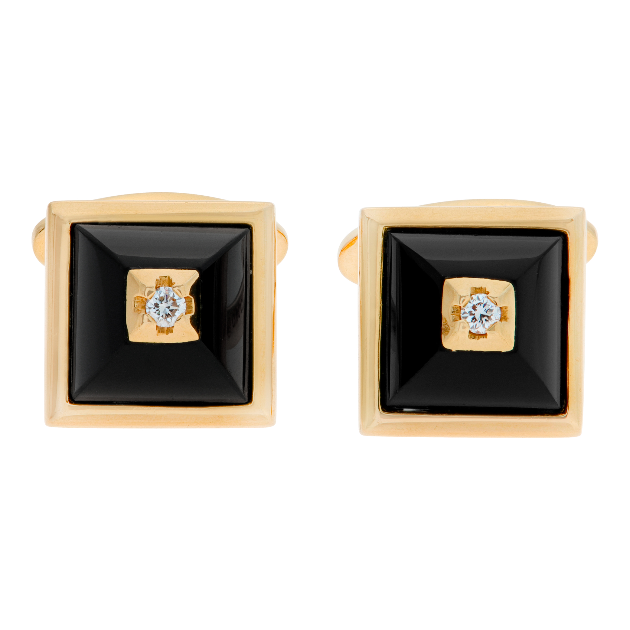Gucci cufflinks in 18k with pyramid shaped stone accented with diamond center