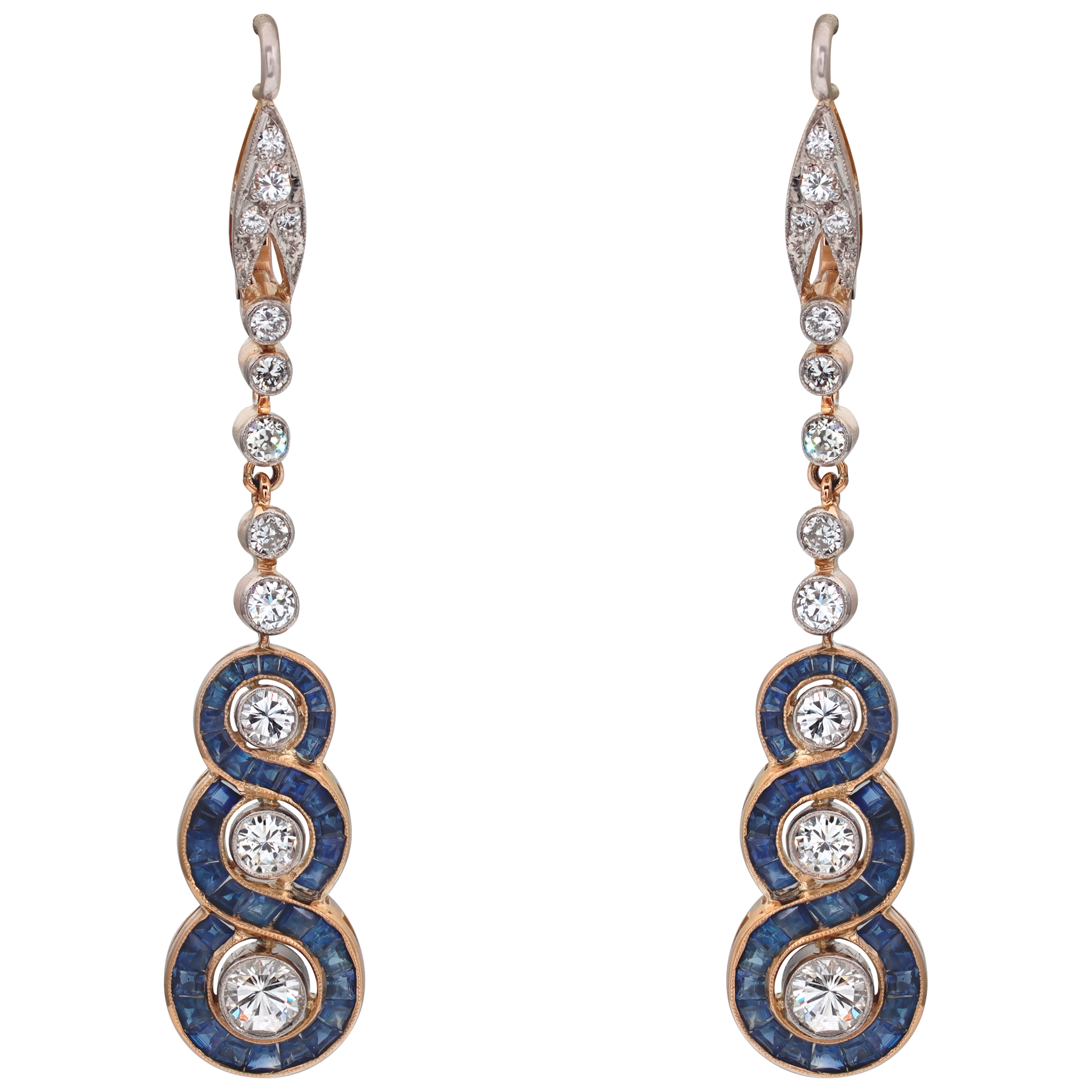 Art Deco sapphire & diamonds drop earrings set in 18 kt yellow & white gold. Round brilliant cut diamonds total approx. weight: 1.50 carat (Stones)