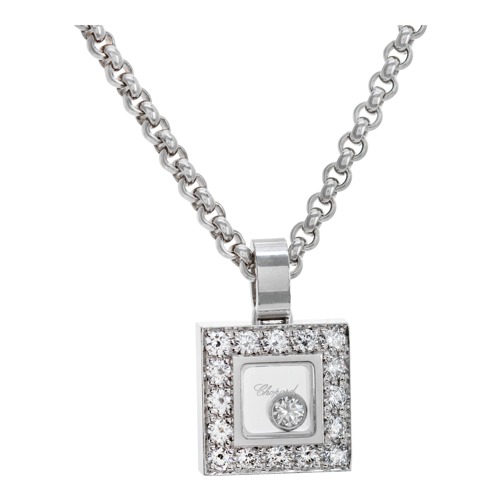 Chopard diamond cube pendant in 18k white gold with floating diamond