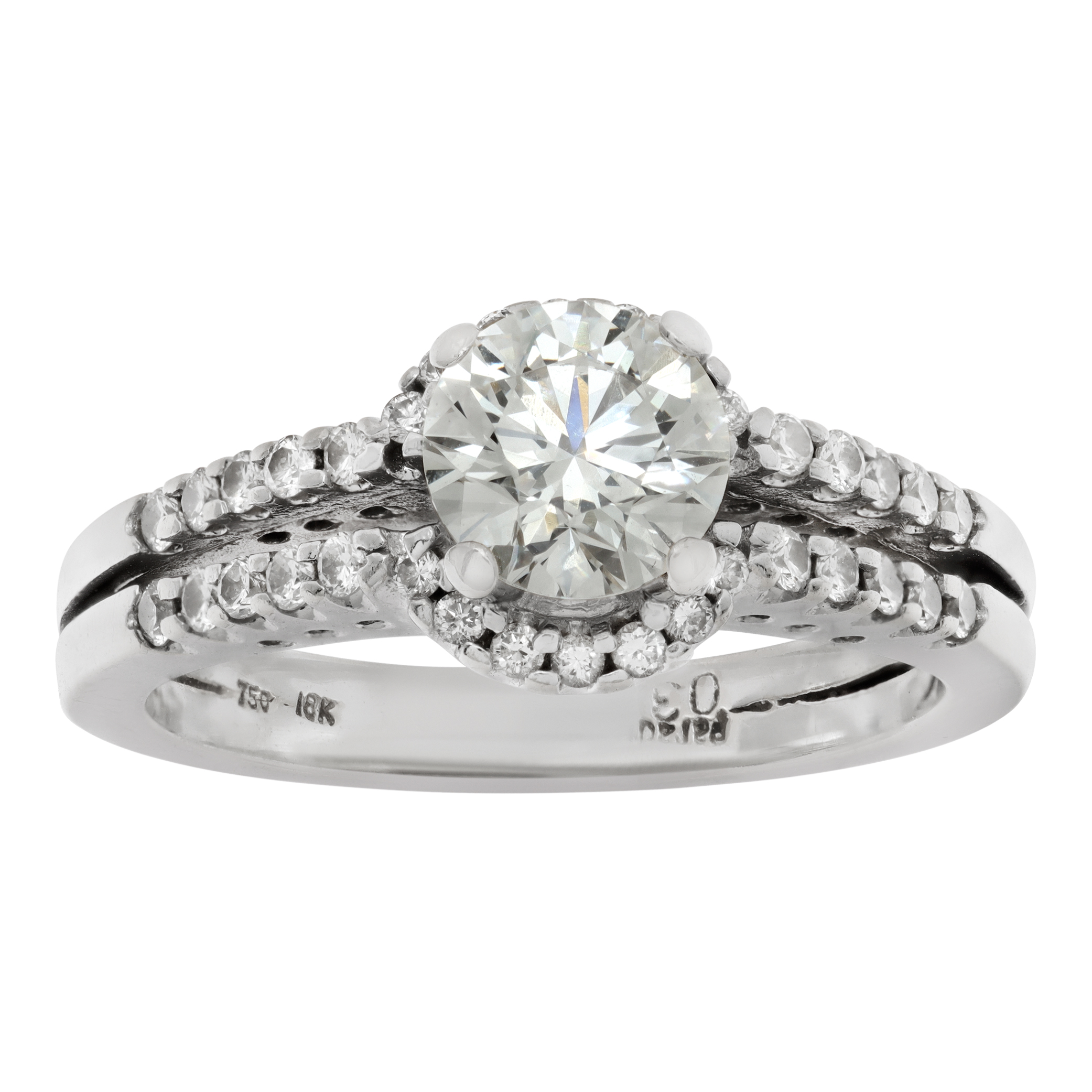 Round brilliant cut diamond ring in a split shank 18k White Gold Diamond Halo Setting (Stones)