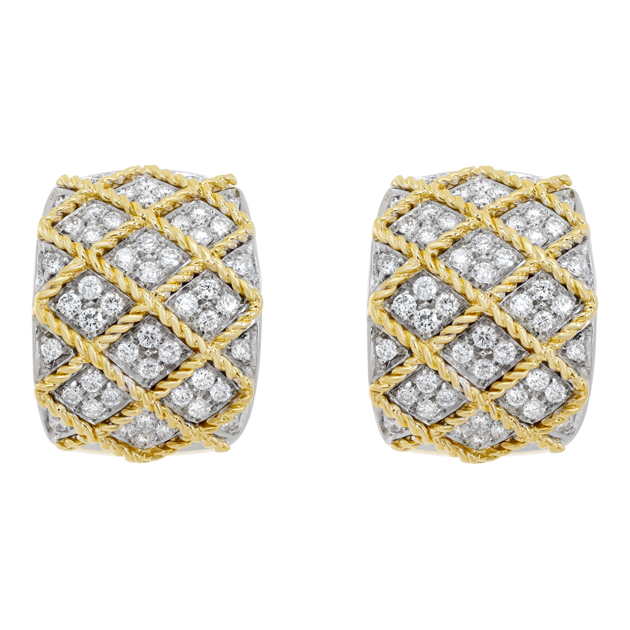 Made in Italy wide semi hoops diamonds earring in 18K yellow gold with post Omega clip. Round brilliant diamonds total approx. weight over 2.00 carats