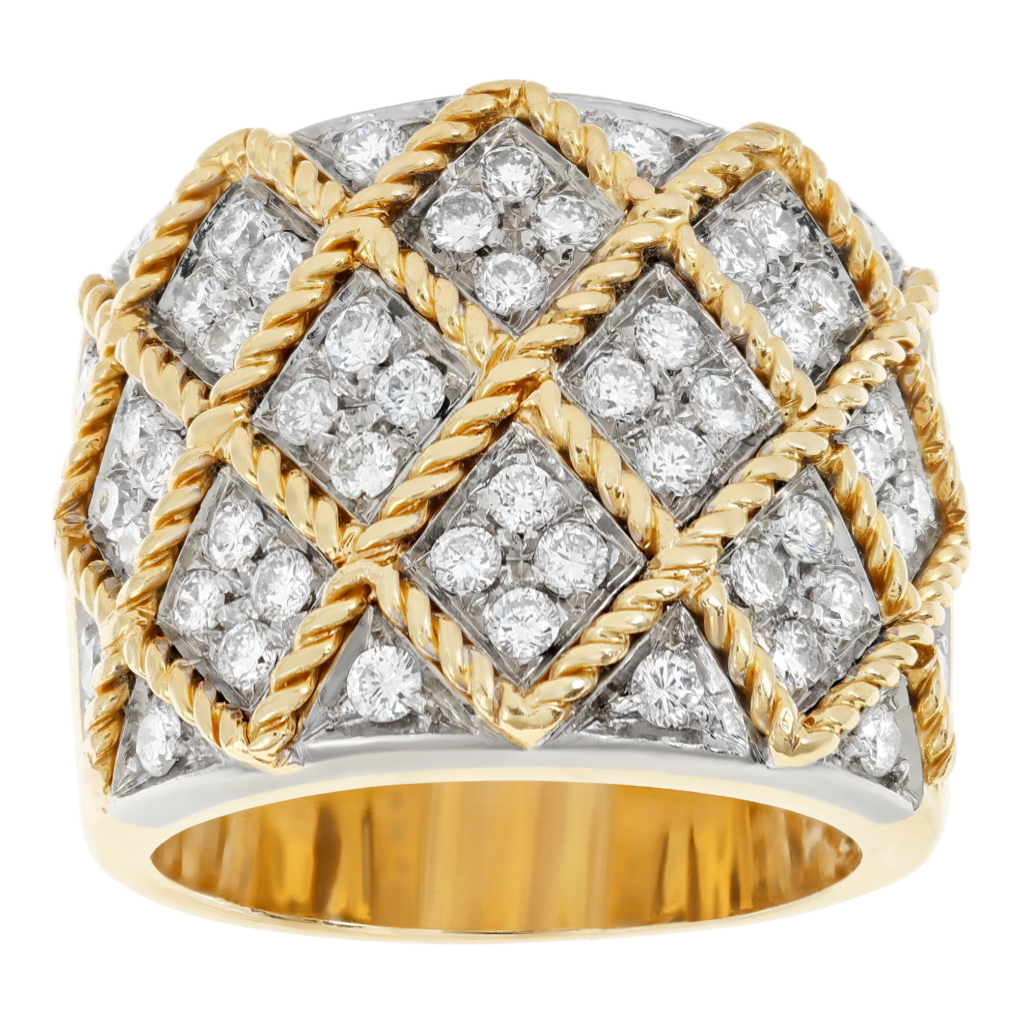 Vintage Made in Italy wide diamonds ring in 18K yellow gold. Round brilliant cut diamonds total approx. weight: 1.04 carats (Stones)