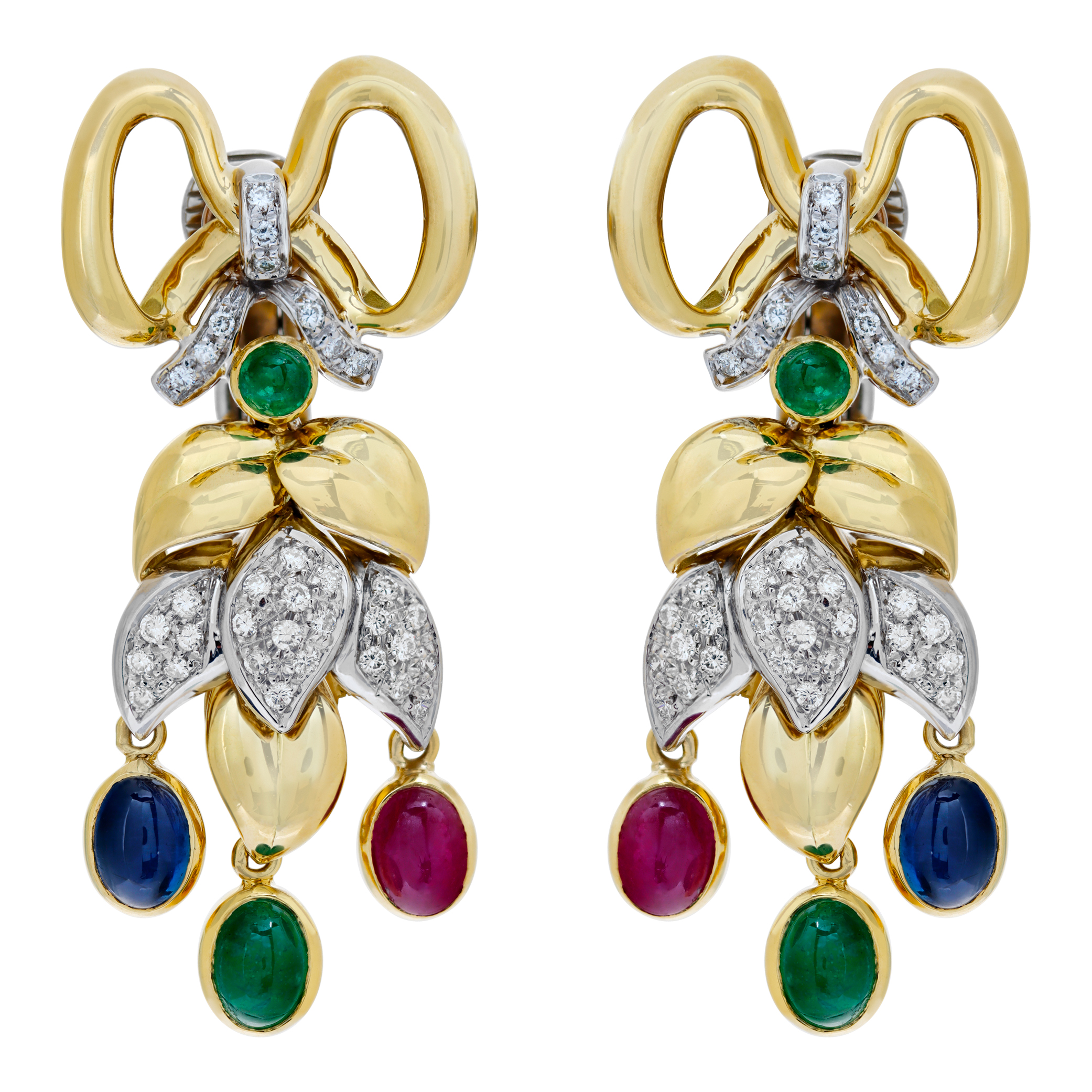 Festive dangling diamonds "Bow" earrings with cabochon sapphire, emerald, ruby in 18K yellow gold. (Stones)