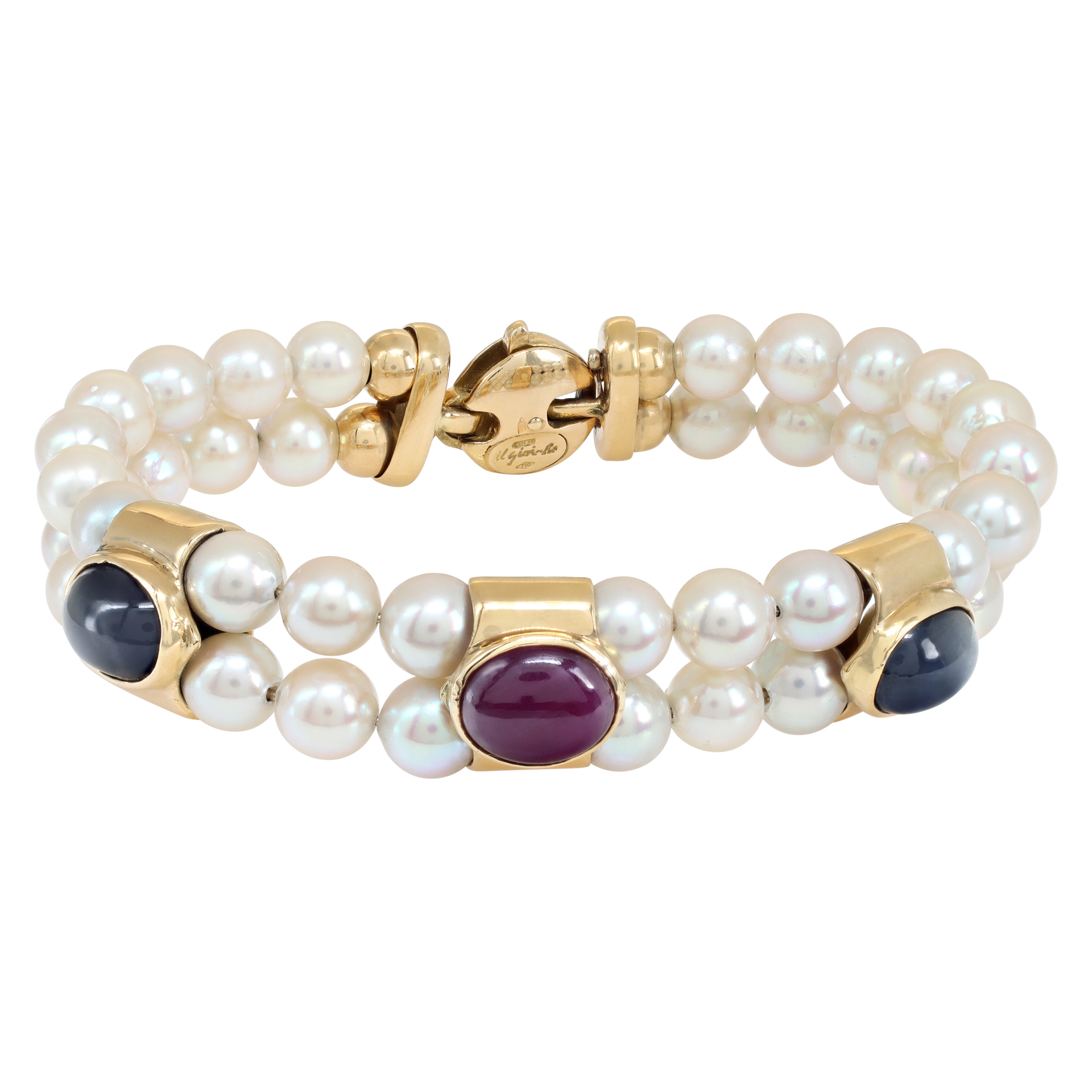 Cultured Pearl (6.5 x 7mm) bracelet with cabochon ruby and sapphire in 18K yellow gold. Three cabochons ruby & sapphire total approx. weight: over 6.50 carats