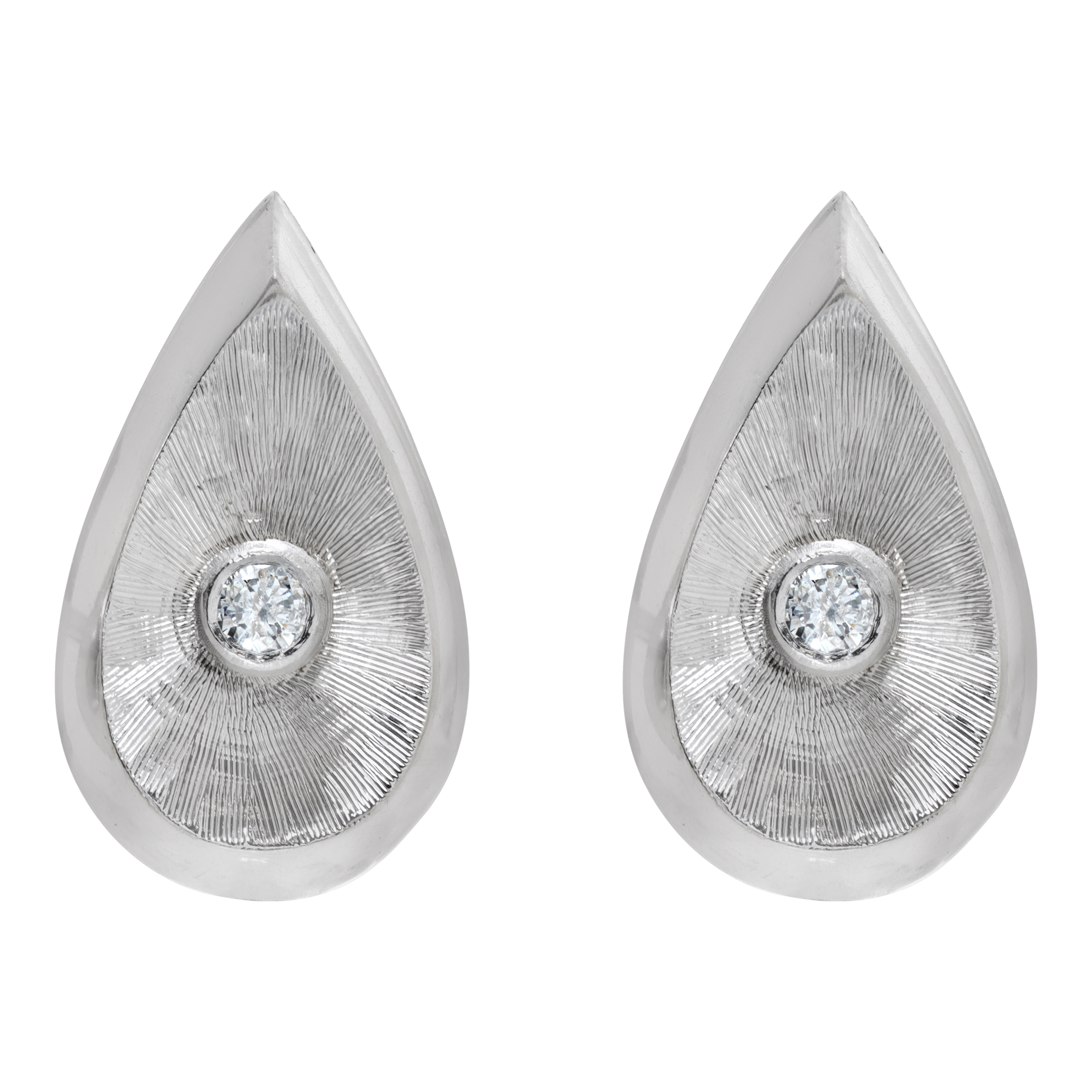 Tear drop shaped 14k white gold cufflinks with center round bezel set diamond (Stones)
