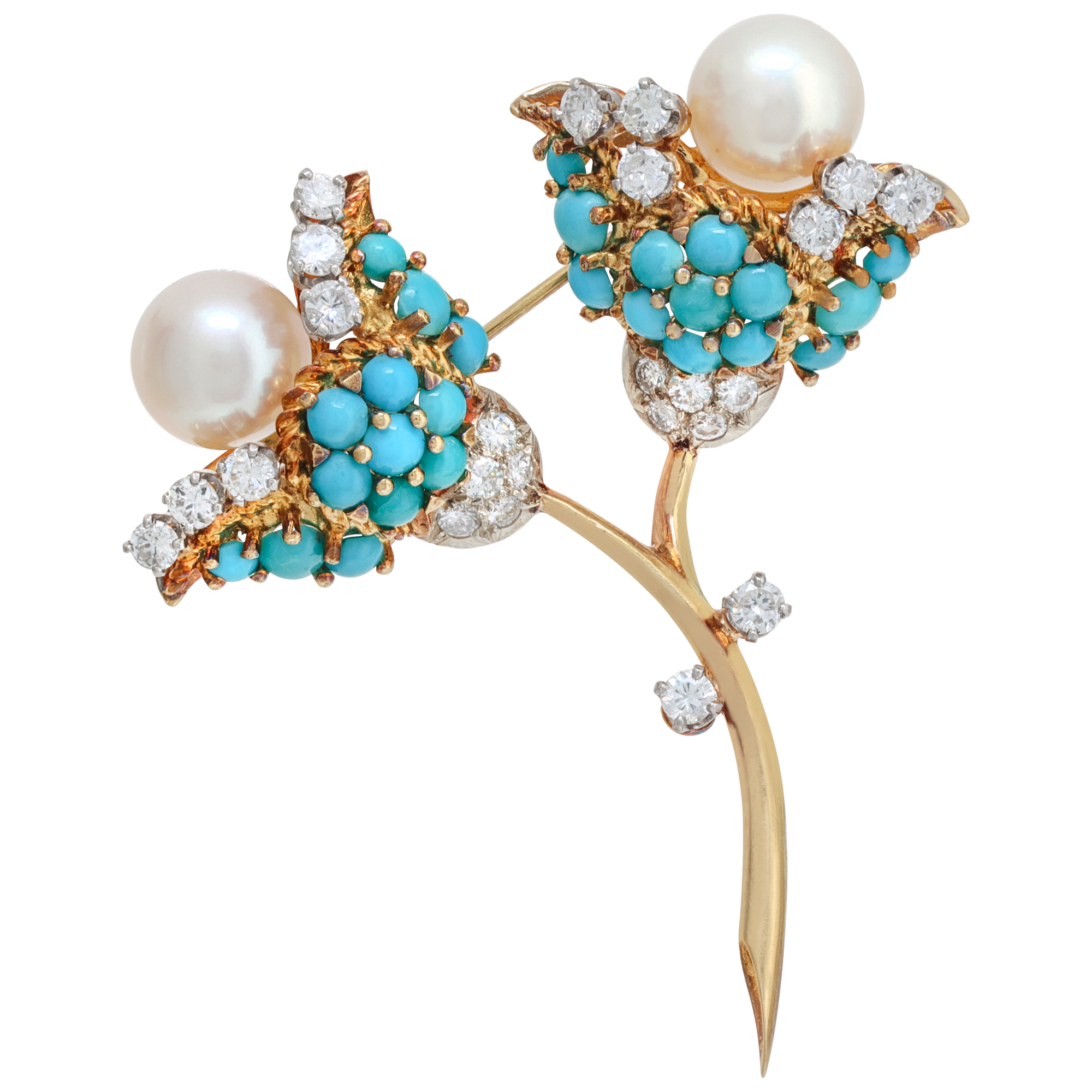 Vintage flower pin with cabochon turquoise, full round brilliant cut diamonds & Akoya pearls (8.5 x 9mm) in 18K yellow gold.
