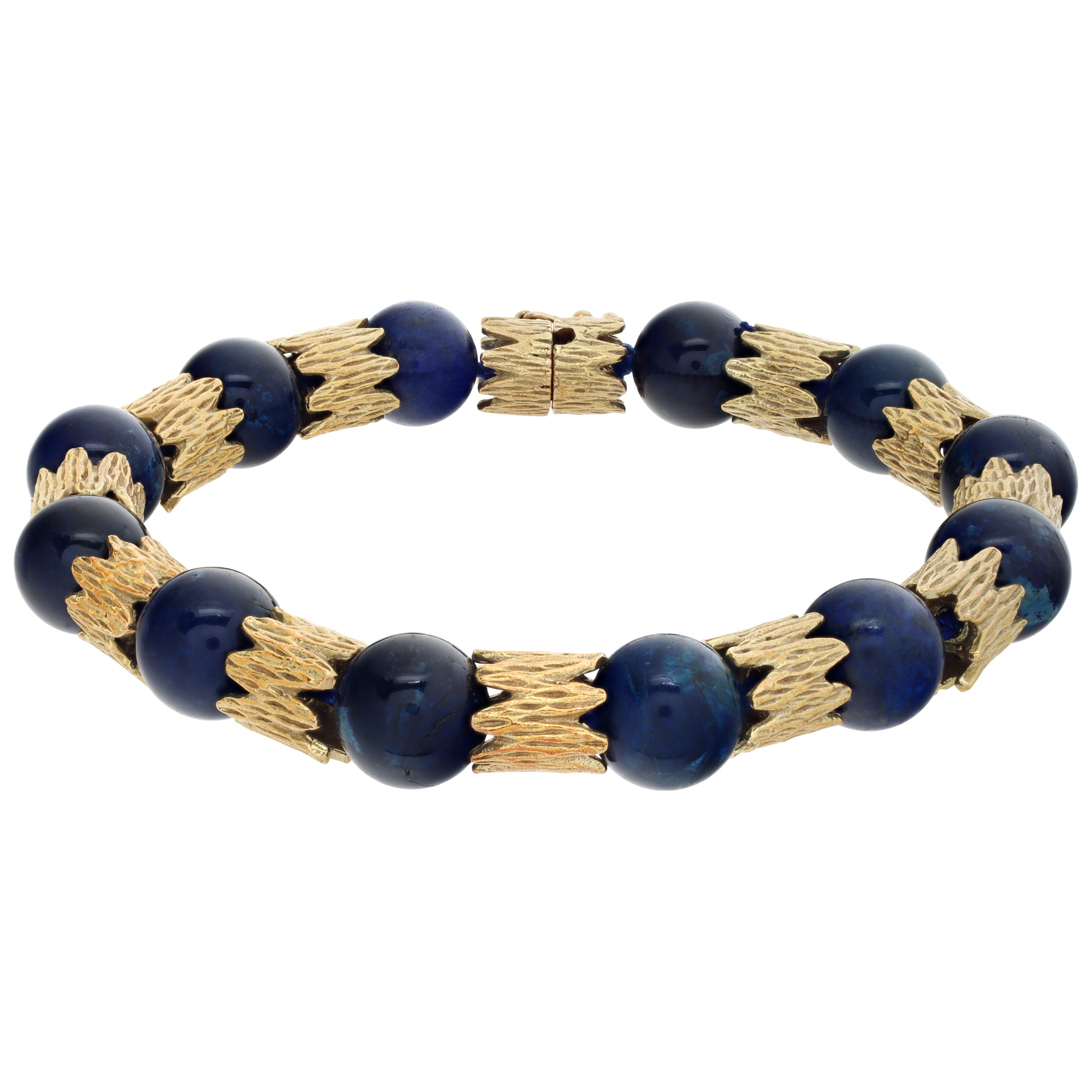 Round lapis lazuli beads (9.5 x 10mm) with 14K yellow gold stations bracelet. 8.00 inches long.