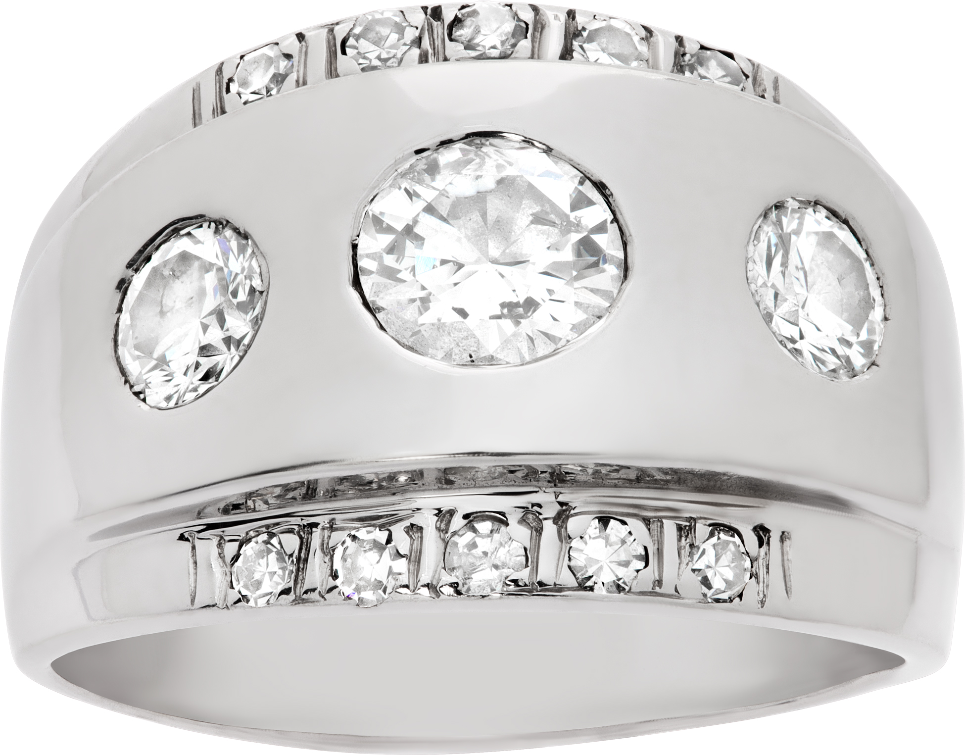 Wide diamond band in 14k white gold with approximately 0.75 carat center diamond (Stones)