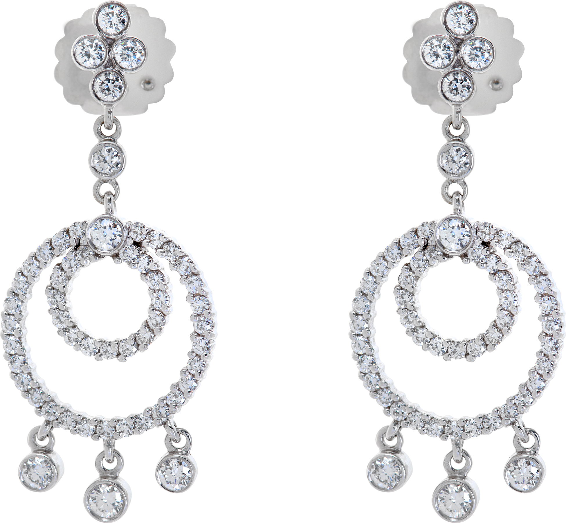 Dangling diamond earrings in 18k white gold with approximately 1.7 carats in round diamonds (G-H color, SI clarity). (Stones)