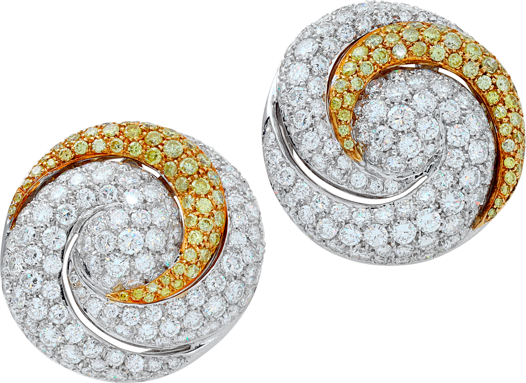 Dorfman swirled pave white and yellow diamond earrings in 18k white and yellow gold with over 6 carats