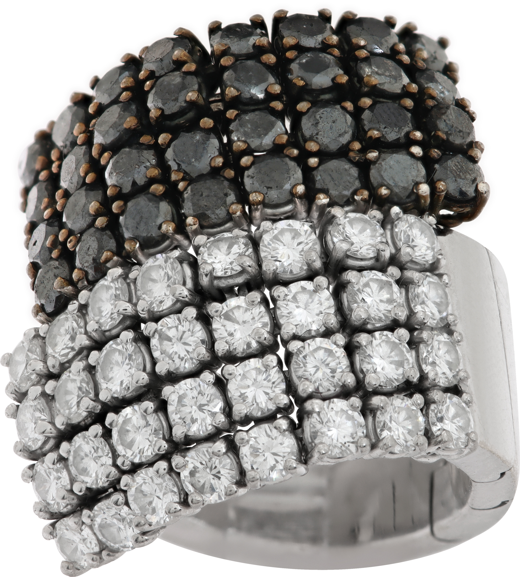 Black and white diamond ring in 18k white gold with 8 flexible rows of diamonds.