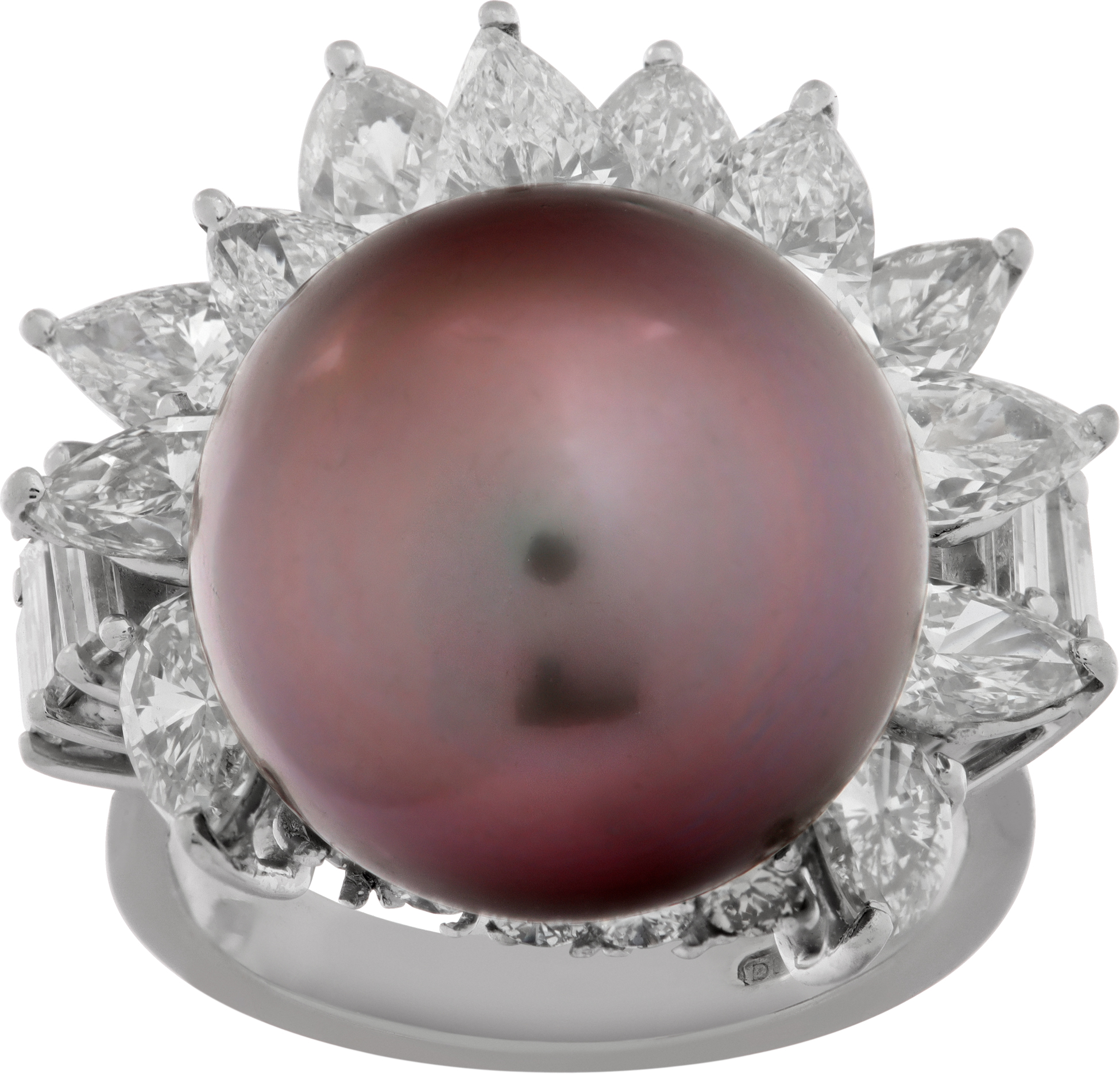 Tahitian South Sea Pearl ring in 18k white gold with over 5 carats in round, baguette and pear shaped diamonds