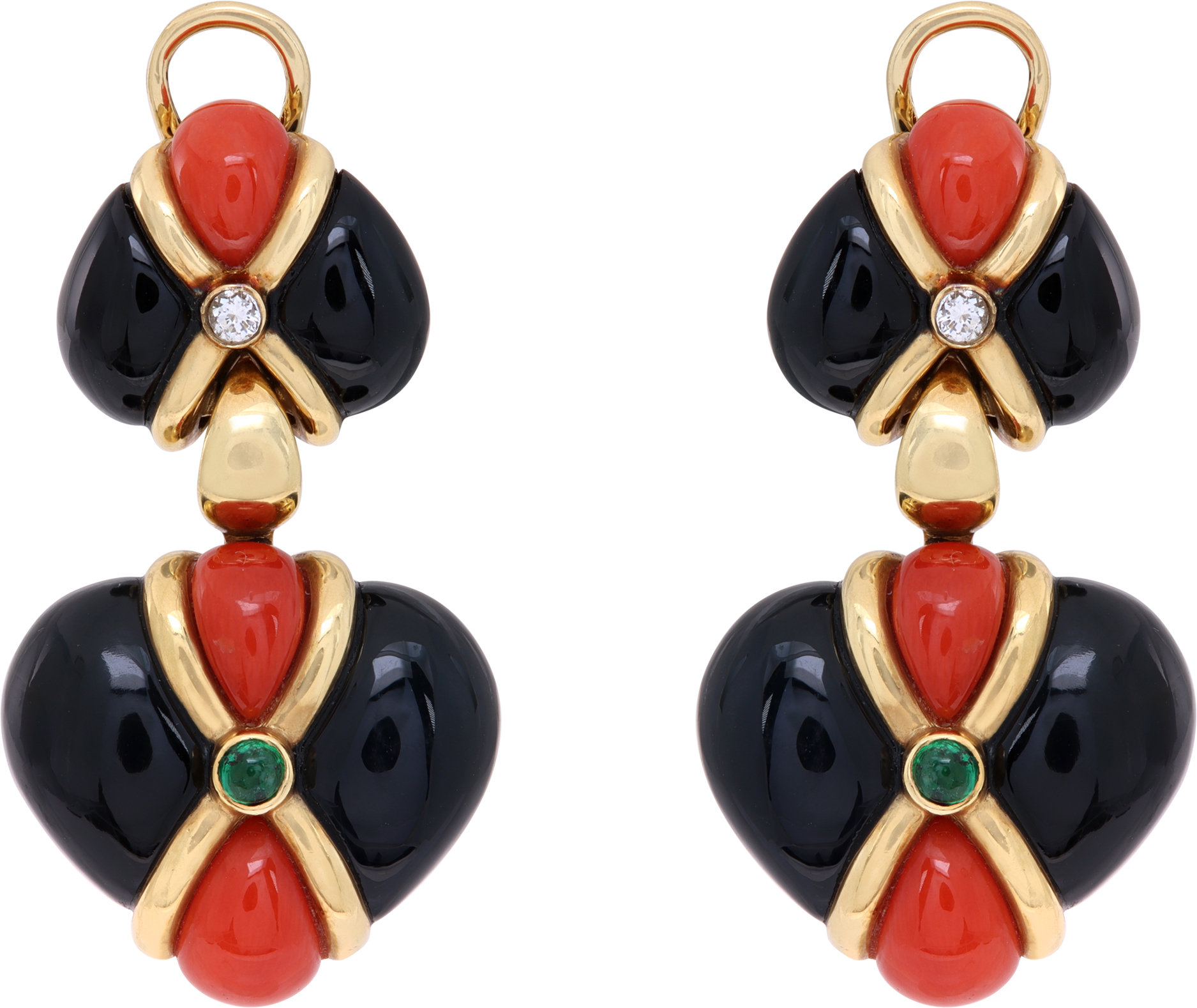 Onyx & Coral dangling earrings in 18k yellow gold with cabochon emeralds and diamonds.