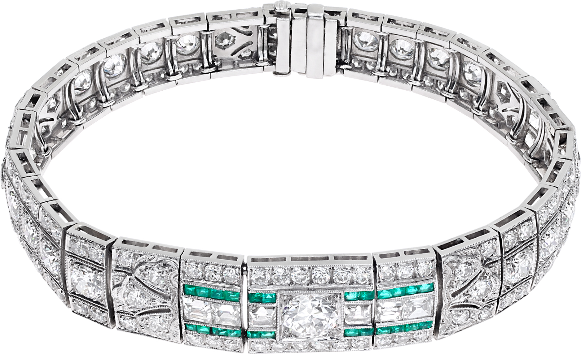 Art Deco diamond and emerald bracelet in platinum