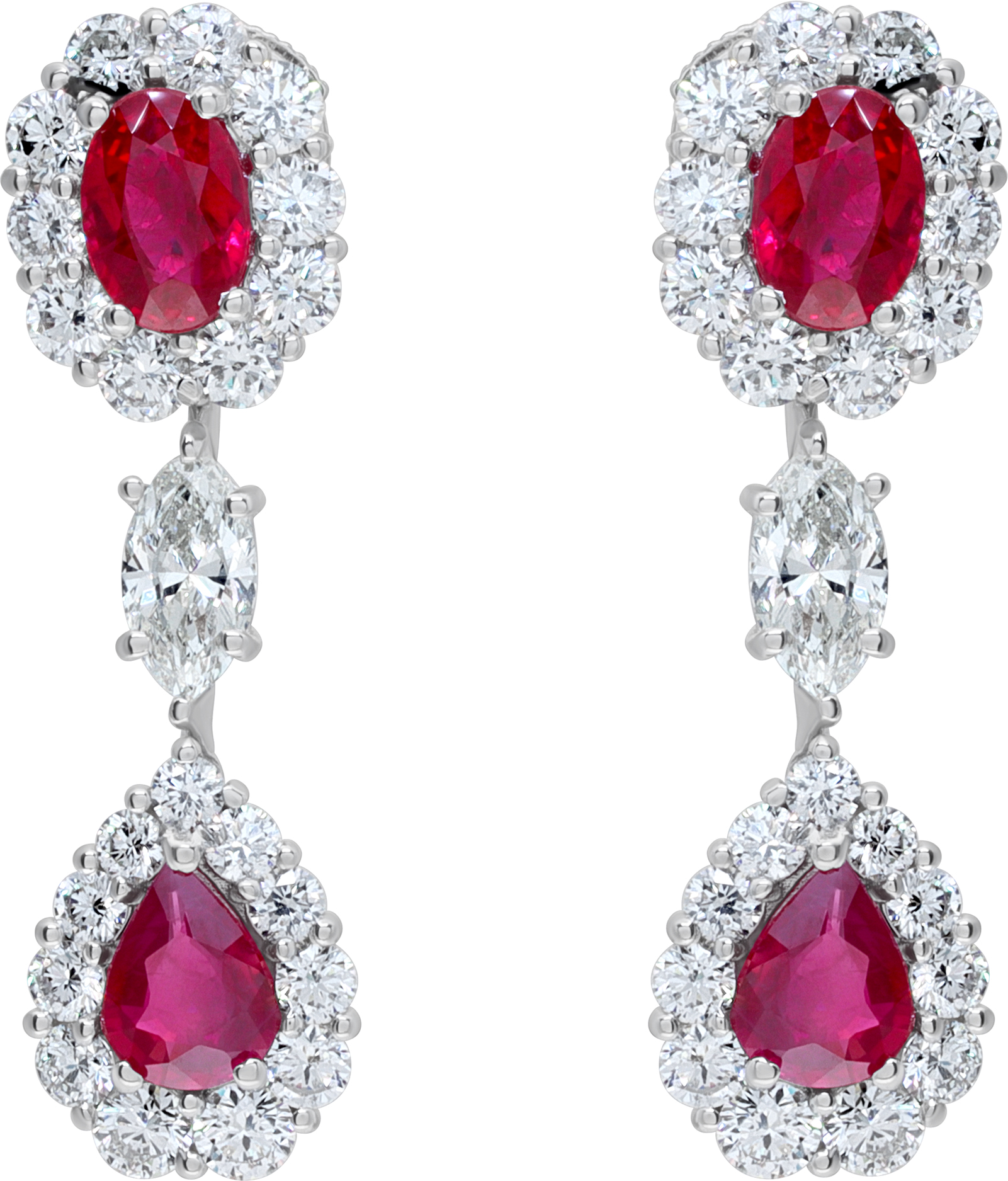 GIA Certified Burma Ruby & diamond dangling earrings in platinum. Brilliant marquise and round cut diamonds total approx. weight: 3.37 carats