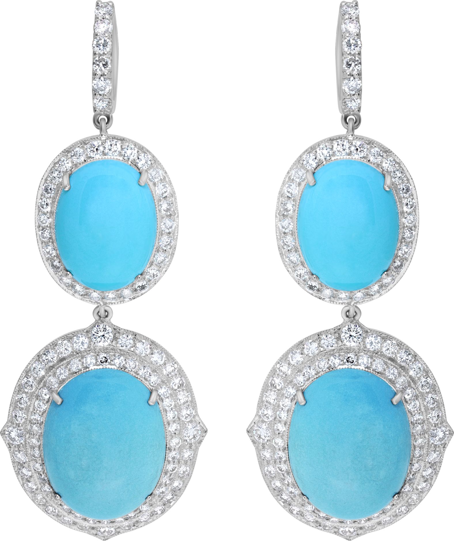 Cabochon Persian Turquoise and diamond earrings in 18k white gold. Cabochon Turquoise total approx. weight: 40.00 carats