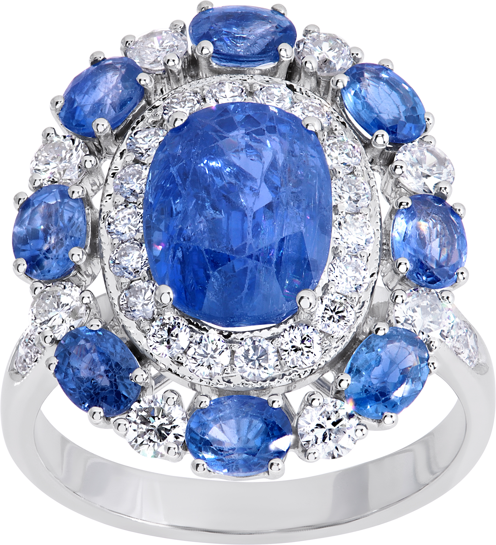 Blue Saphire and diamond ring in 18k white gold